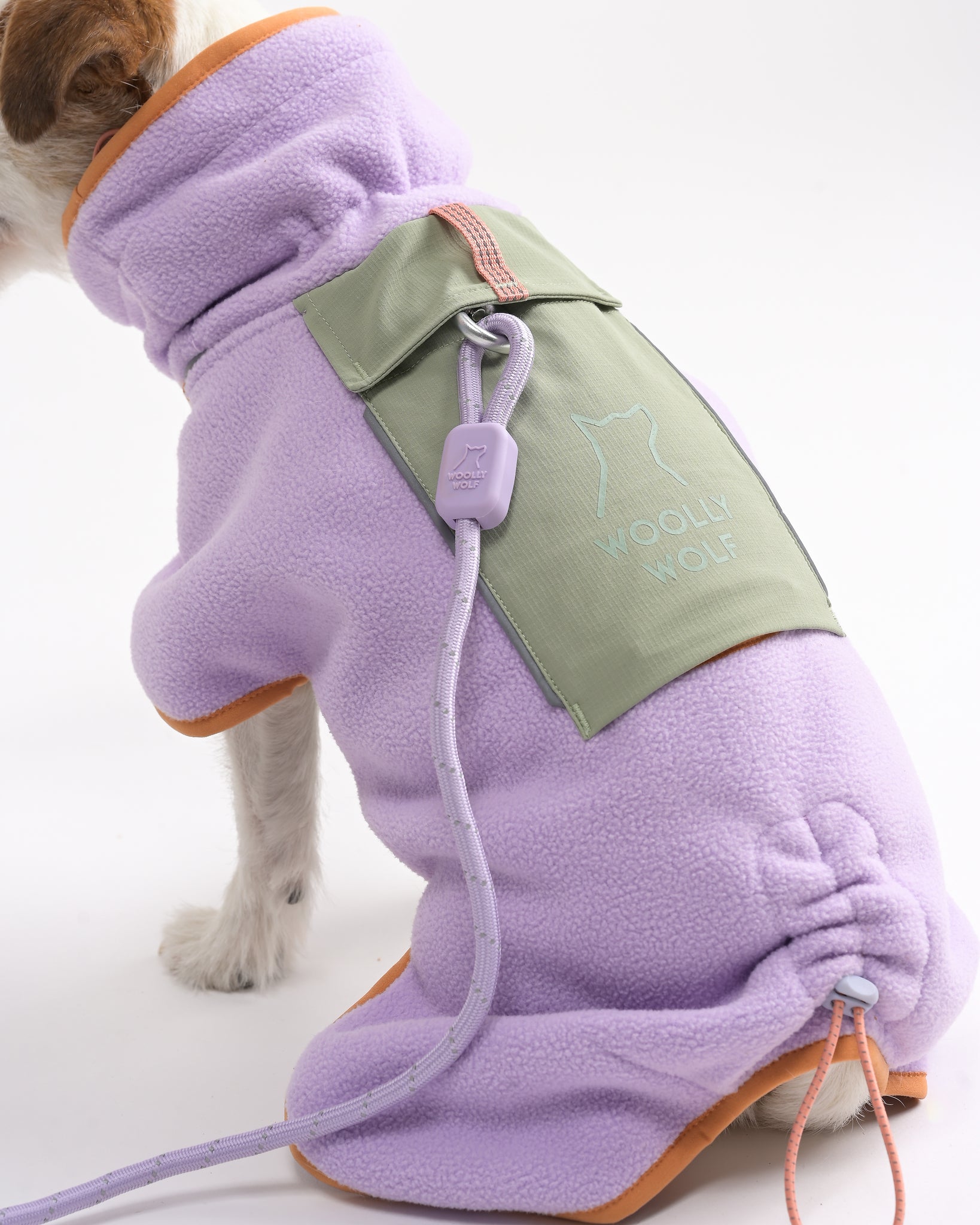 A small dog wearing a light purple fleece coat with orange trim and a green patch labeled Woolly Wolf. A matching purple leash attached to the coat is visible against a plain white background.