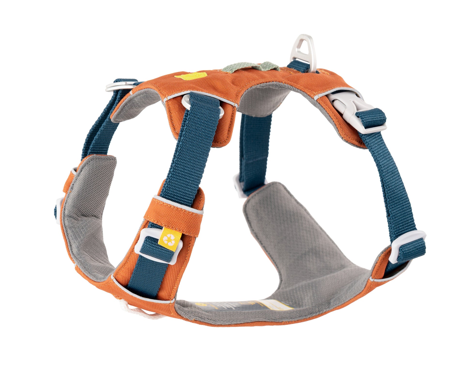 Orange and gray dog harness with blue adjustable straps and white plastic buckles, featuring a handle and a small yellow paw print tag. The harness is padded for comfort and designed for secure fit.