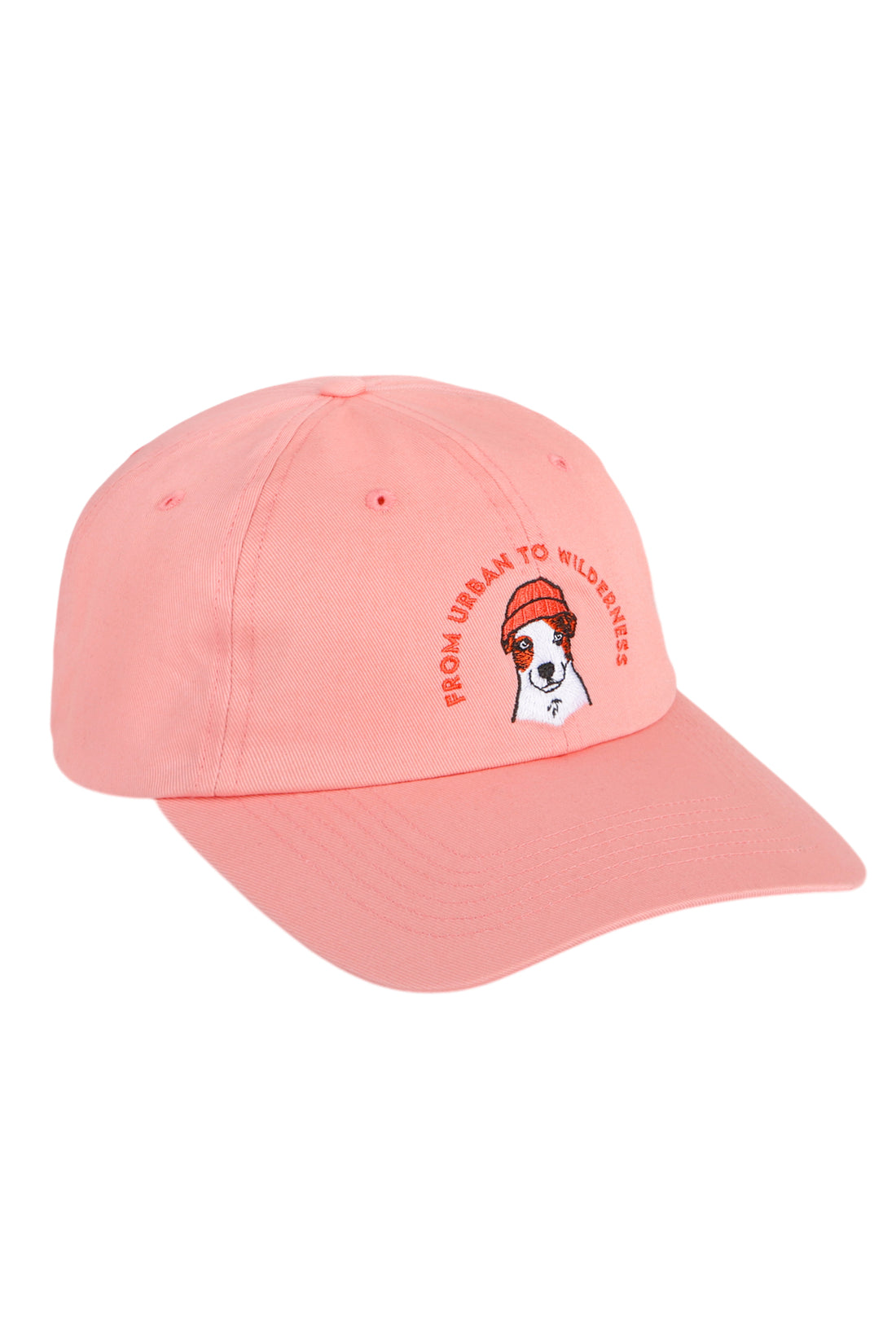 Pink baseball cap with an illustration of a dog in sunglasses and the text “From Urban to Wilderness.”.