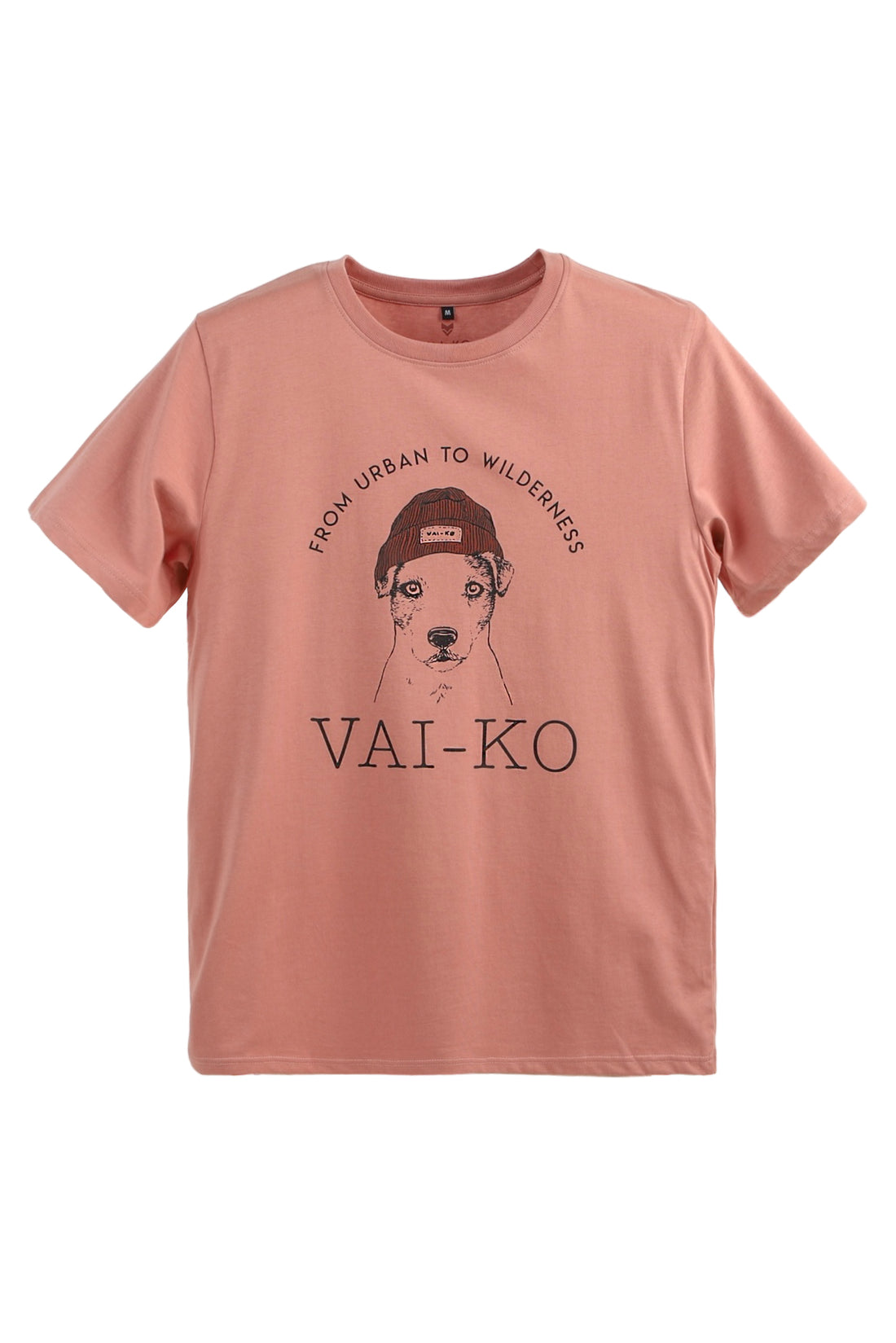 Light pink t-shirt with a dog in a hat illustration and text: FROM URBAN TO WILDERNESS VAI-KO.