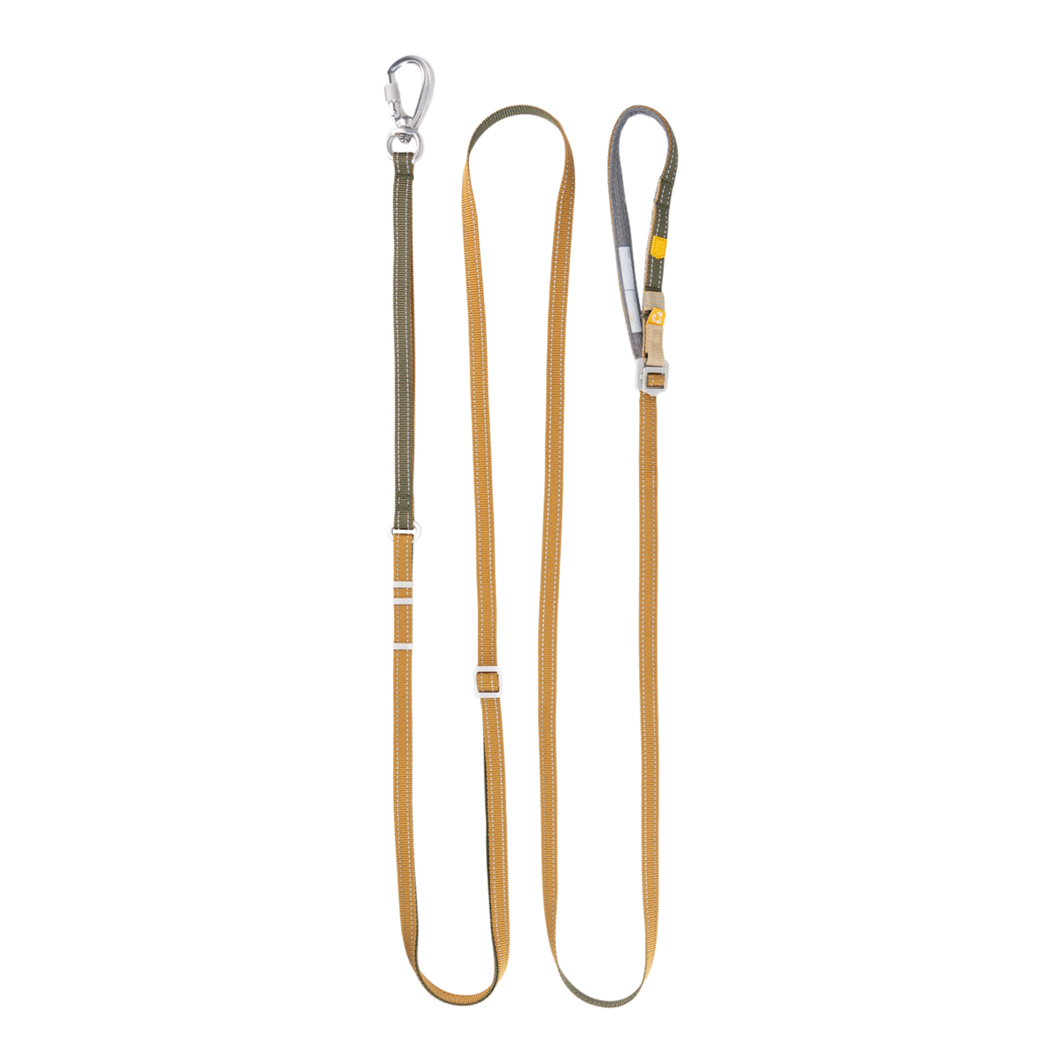 A yellow and olive green adjustable dog leash with a metal clasp and a handle, laid out flat on a white background.