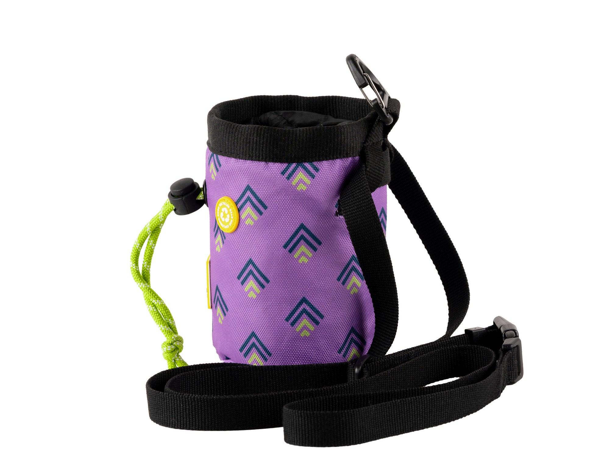A small purple bag with a geometric pattern, black trim, a green drawstring, and an adjustable black shoulder strap, set against a white background.