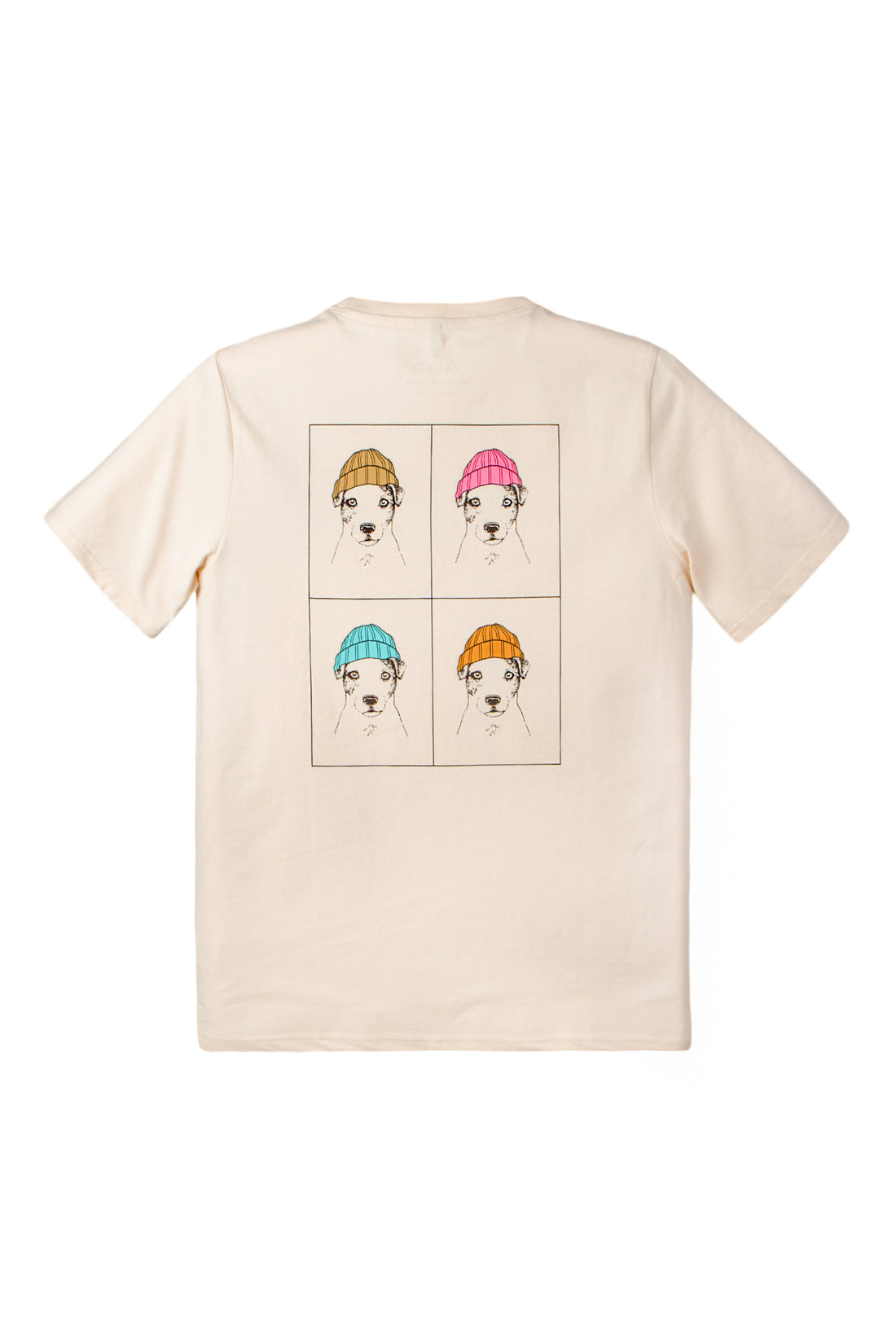 Beige t-shirt with four illustrated dogs wearing colorful beanies printed on the back.