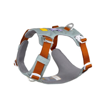The Alpha 360 Dog Harness in Glacier Green Mix features padding, adjustable straps, white buckles, a metal leash ring, and colorful accent tags for secure and comfortable walks with your pet.