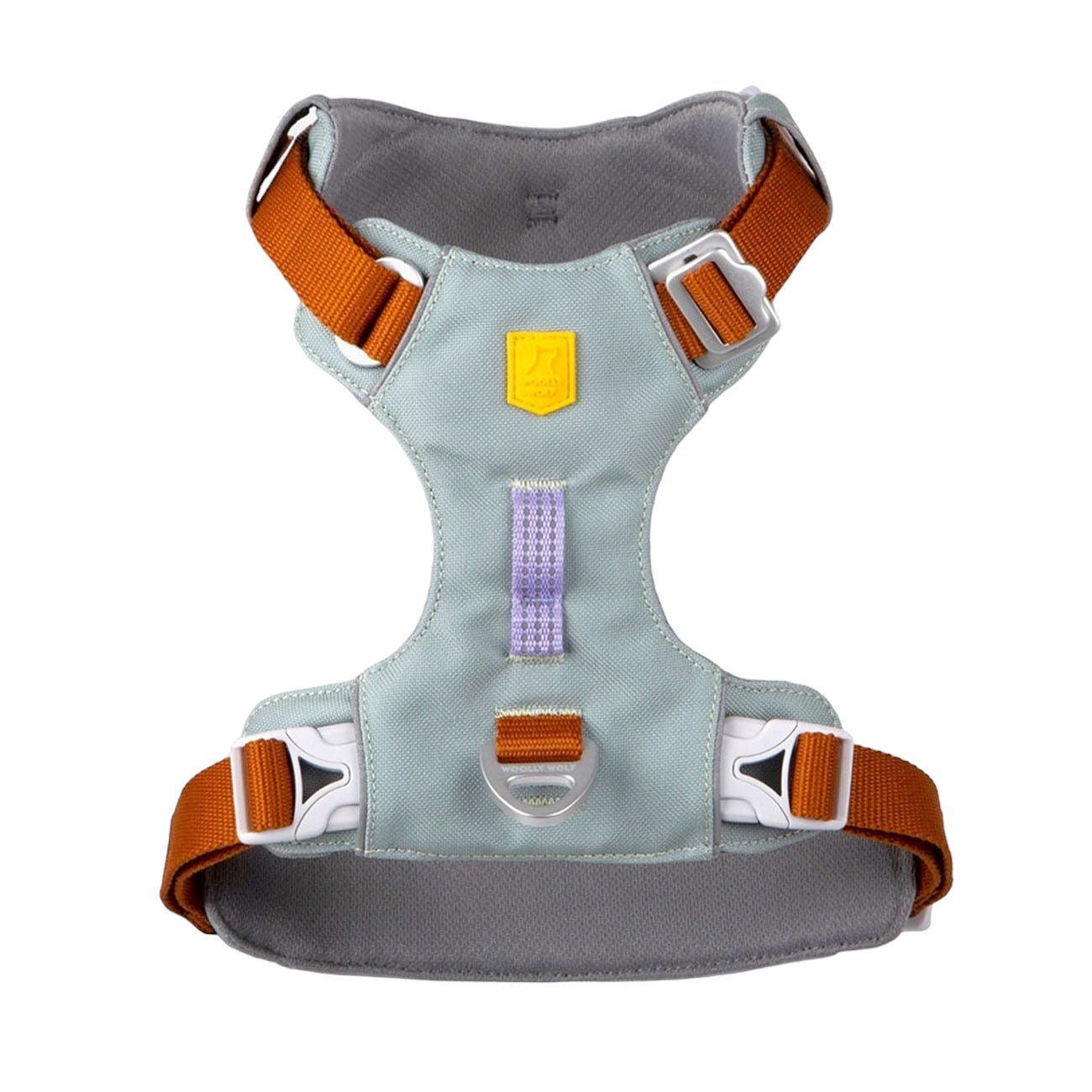 The Alpha 360 Dog Harness Glacier Green Mix features adjustable straps, metal D-rings, plastic buckles, and a small yellow chest patch, shown on a white background.