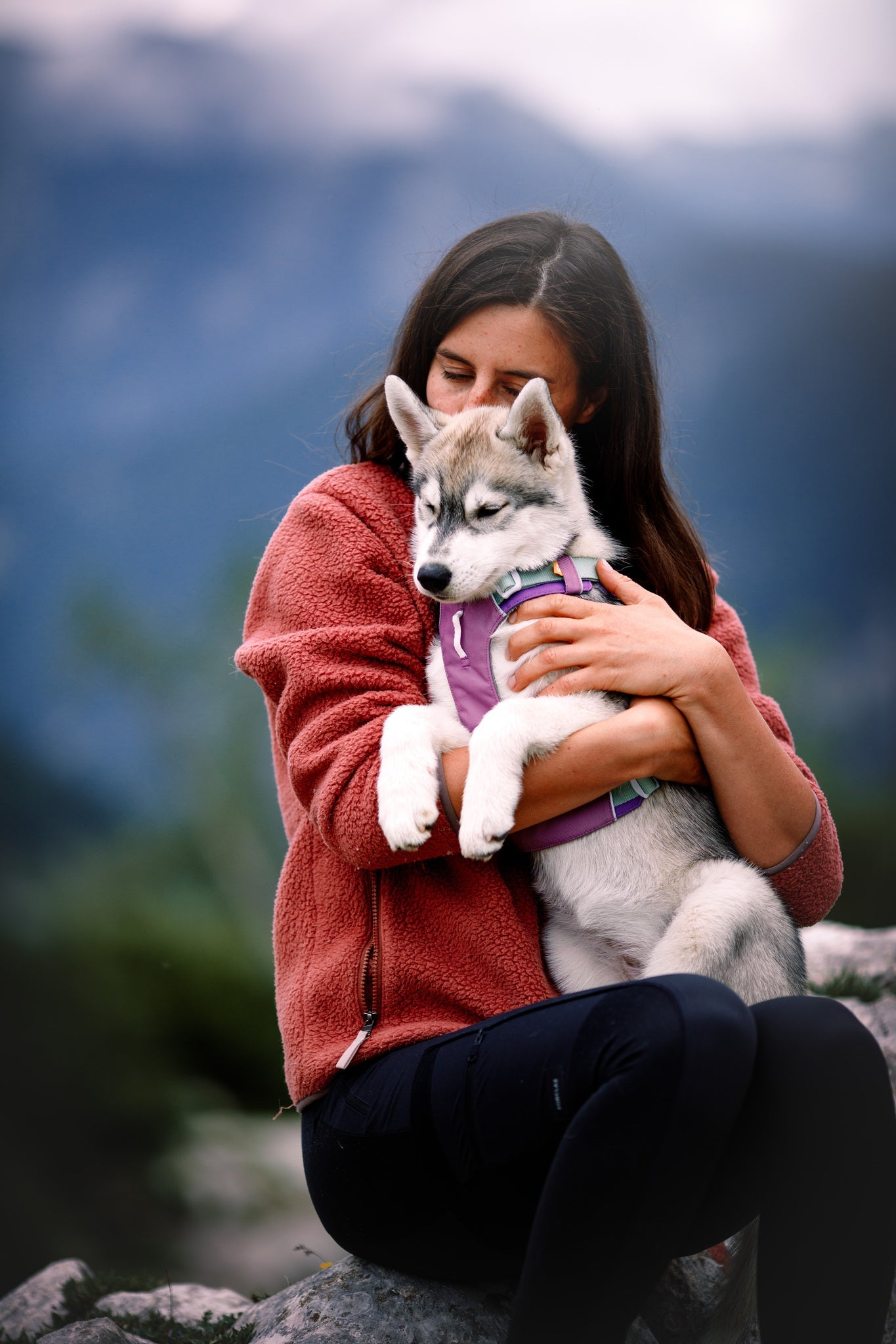 A woman outdoors hugs a husky puppy wearing the Alpha 360 Dog Harness in Mauve Mix, with mountains blurred in the background.