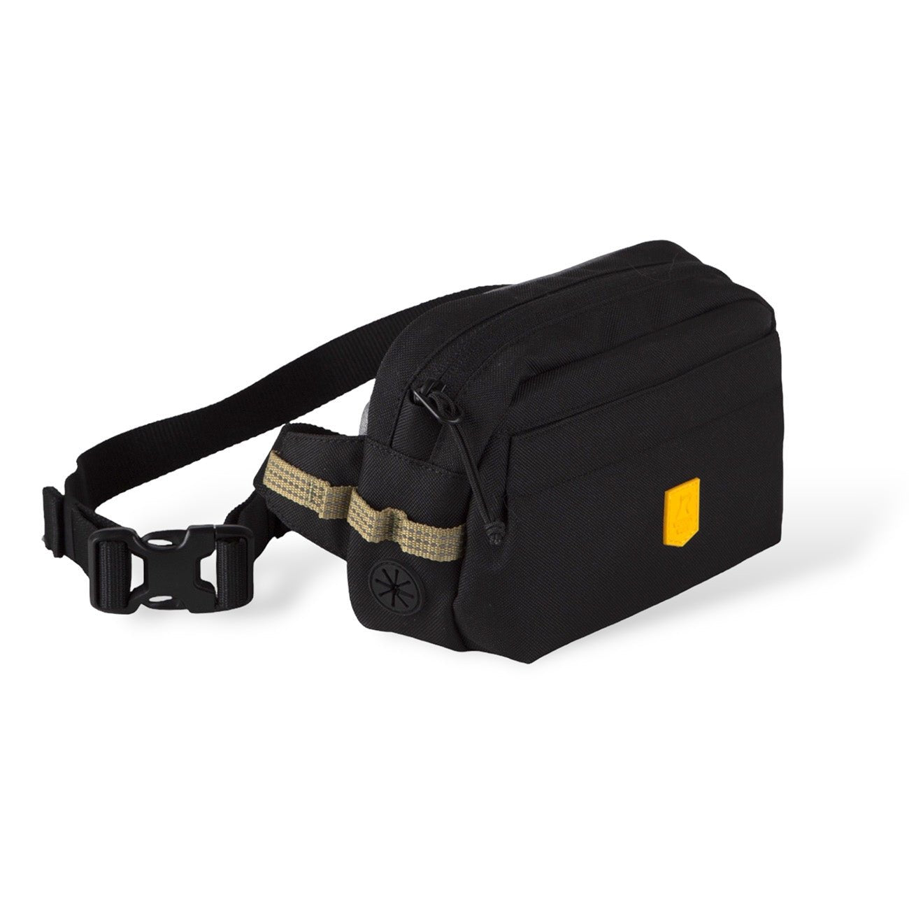The Alpha 360 Hip Pack Black features a zippered main compartment, adjustable strap with side buckle, tan accent stripe, and a yellow square logo on the front.