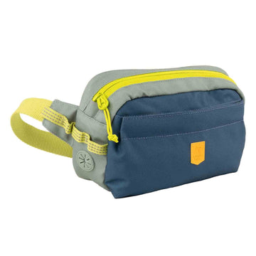 The Alpha 360 Hip Pack Deep Teal is a small two-tone fanny pack featuring a blue front, light gray sides and top, yellow zipper, yellow patch, and an adjustable yellow strap.