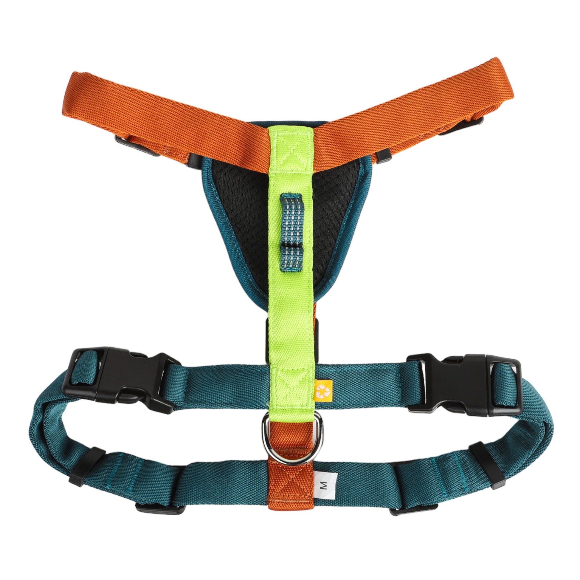 The Color Block Dog Harness Lime Mix features teal, orange, and lime green straps, black plastic buckles, and a metal D-ring for leash attachment, shown against a white background.