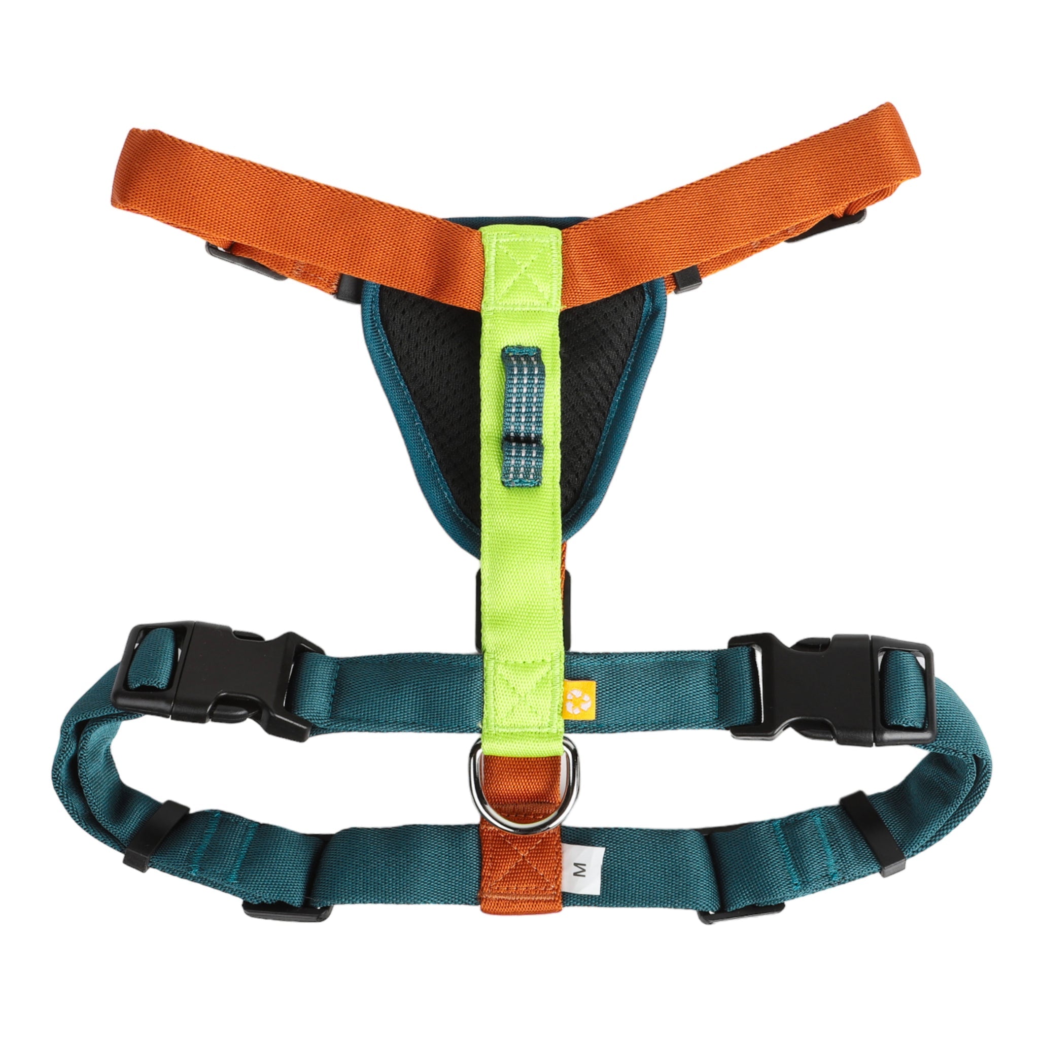 The Color Block Dog Harness Lime Mix features teal, orange, and lime green straps, black plastic buckles, and a metal D-ring for leash attachment, shown against a white background.