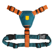 The Color Block Dog Harness Lime Mix features teal and orange colors, black plastic buckles, and a yellow chest patch, shown against a white background.
