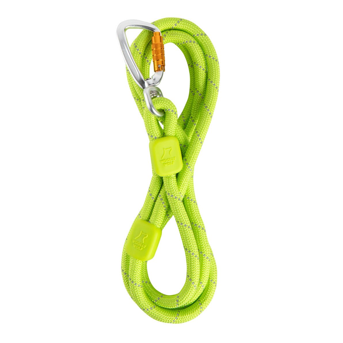 The Rope Dog Leash Lime features a coiled, bright green rope with two green rubber stoppers and a silver carabiner attached to one end. The leash is neatly looped in a figure-eight shape.