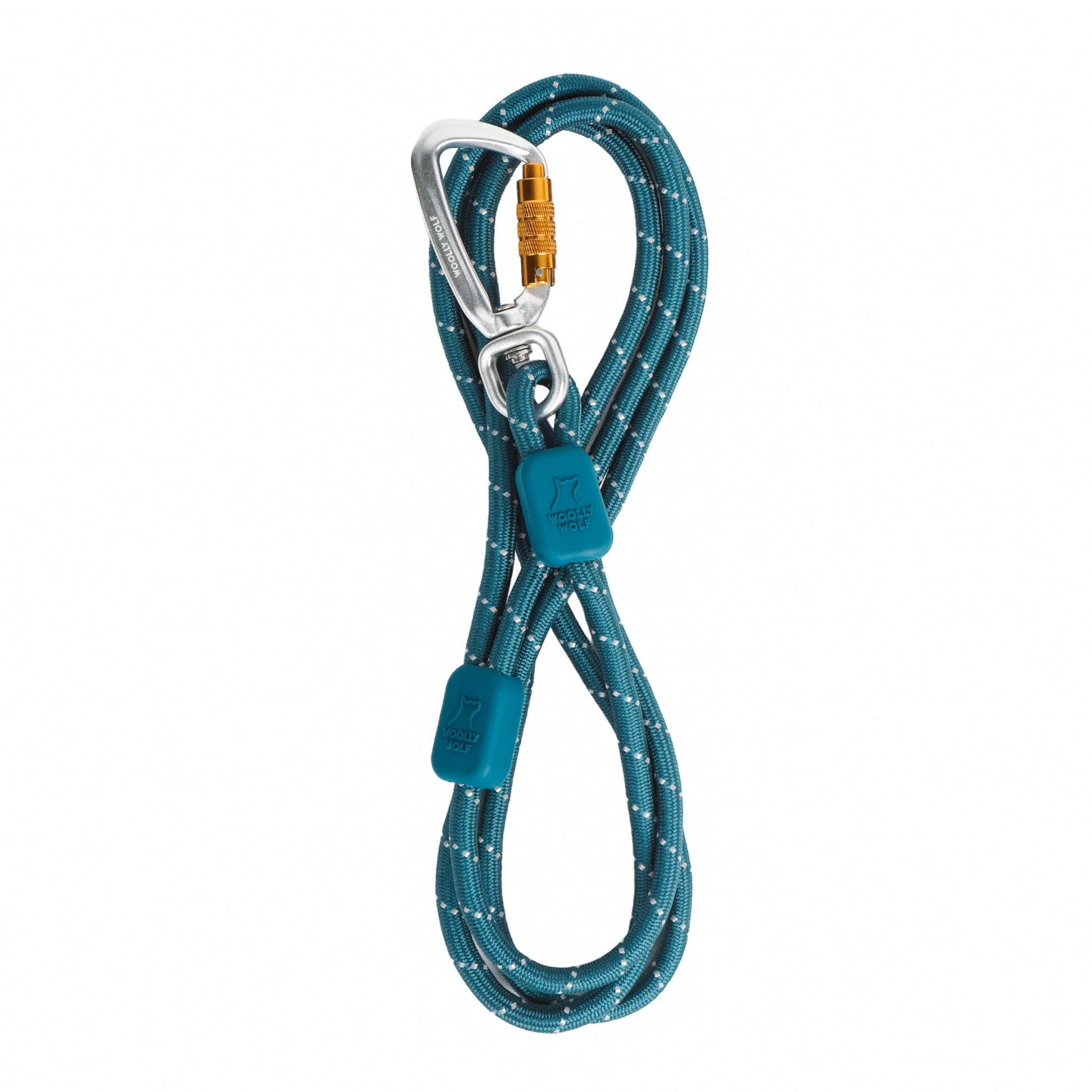 The Rope Dog Leash Thin Deep Teal is coiled in a figure-eight shape, secured with two blue clips, and attached to a silver carabiner featuring a gold locking mechanism.