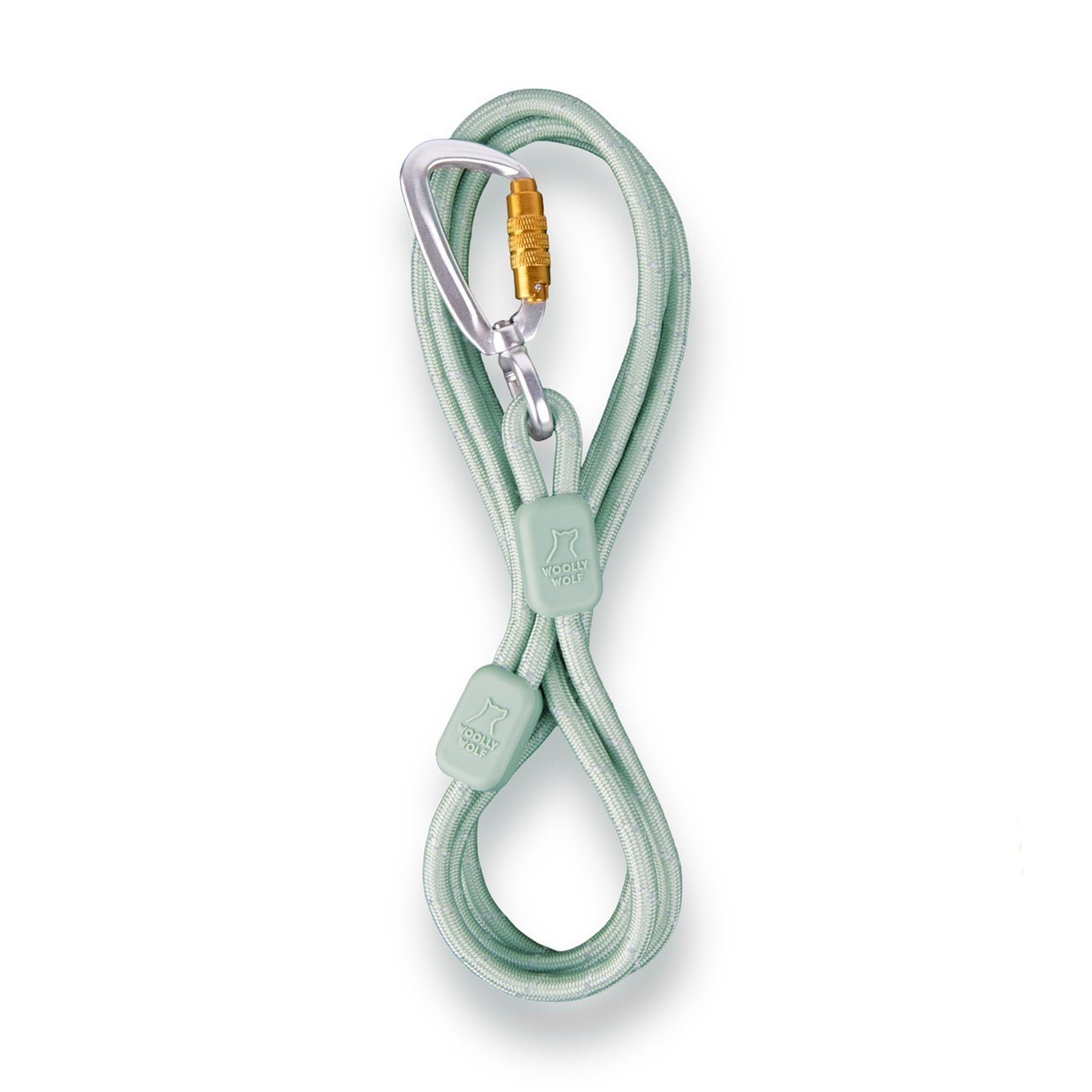 The Rope Dog Leash Thin Glacier Green features a mint green rope, silver and gold carabiner clip, coiled with two rubber stoppers labeled Wolf Republic.