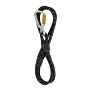 The Rope Dog Leash Thin Black is a black leash with white stitching, featuring two loops and a silver carabiner with a yellow locking mechanism attached to one loop.