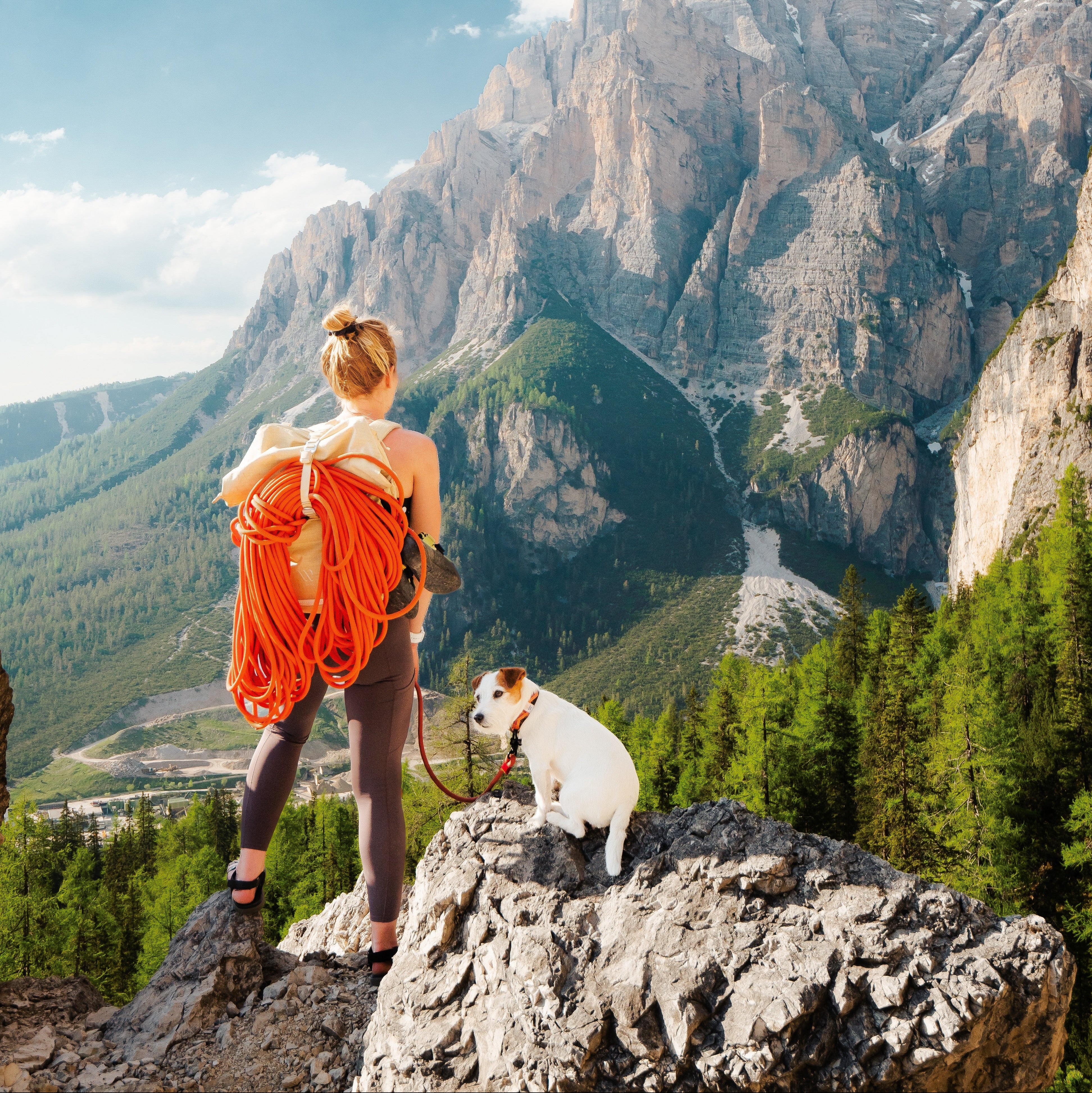 Person with orange climbing gear and a dog on a rocky mountain top with scenic mountains in the background