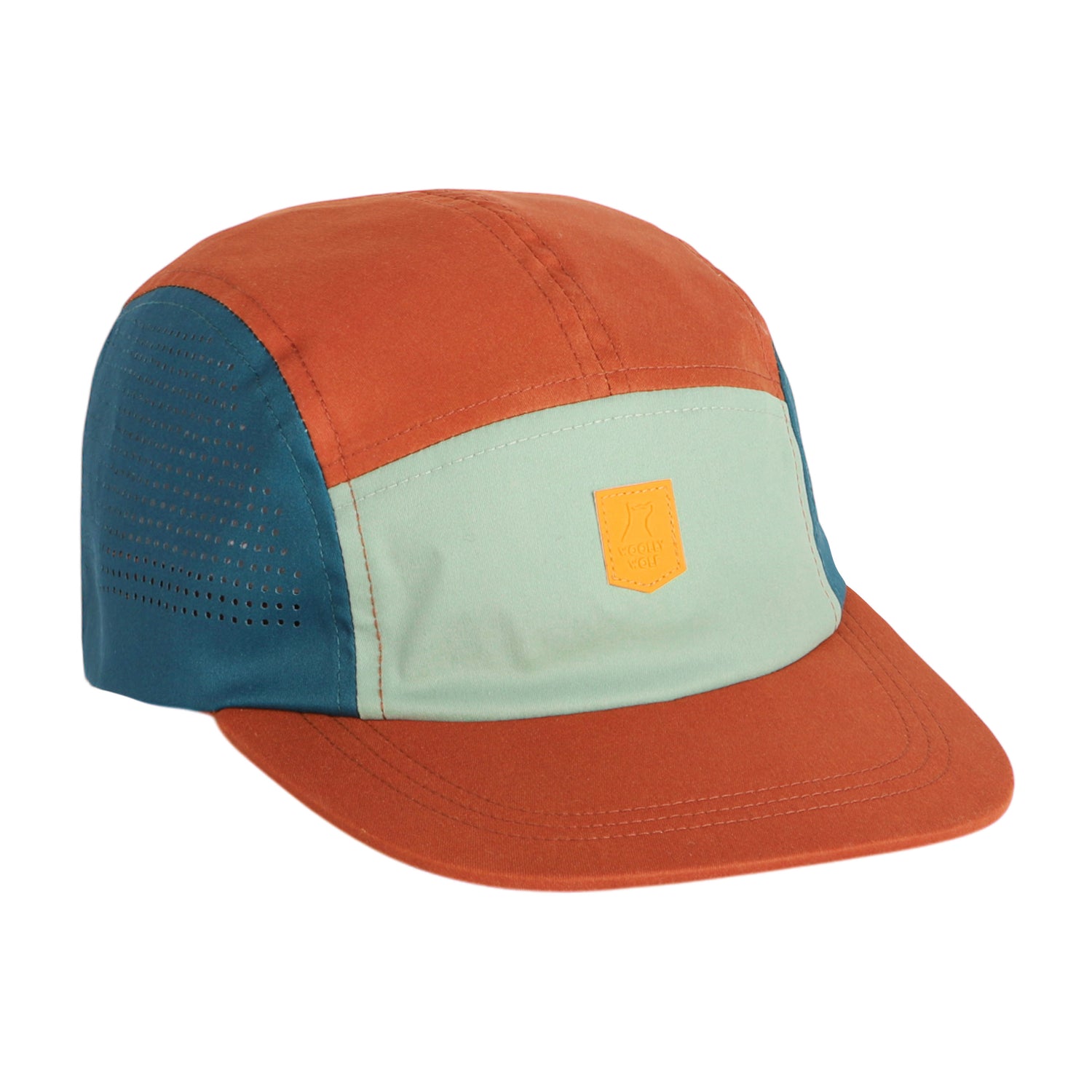 The Alpha 360 Tech Cap is a vibrant five-panel cap in orange, teal, and mint green recycled PET with a front yellow patch, side ventilation holes, and an adjustable back strap for the perfect fit.