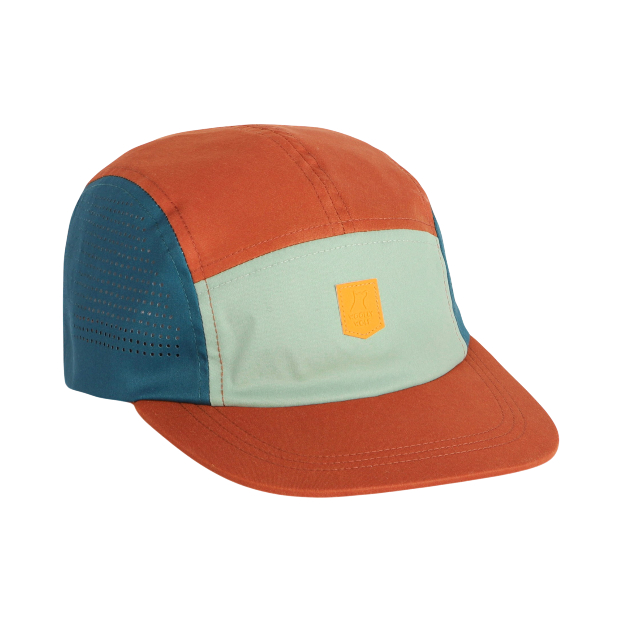 Color-blocked cap with orange, teal, and mint green panels and a yellow patch on the front.