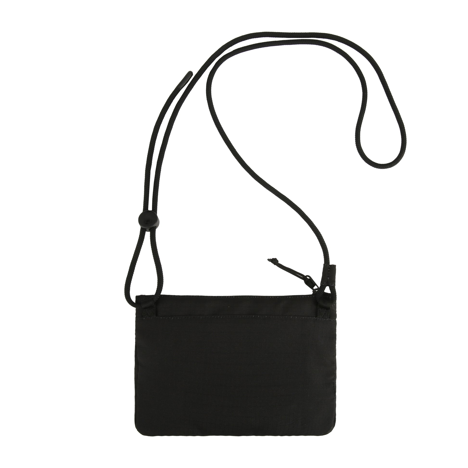 A small black zippered pouch with an adjustable neck strap, shown on a white background.