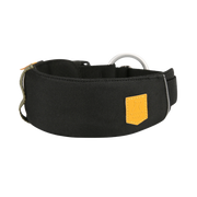 Black dog collar with a metal D-ring and a yellow Woolly Wolf logo patch.