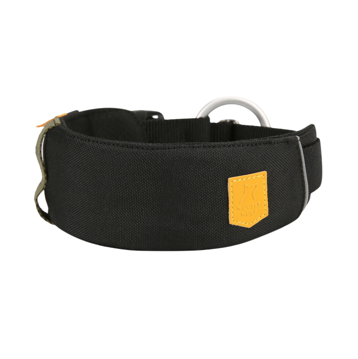 Black dog collar with a metal D-ring and a yellow Woolly Wolf logo patch.
