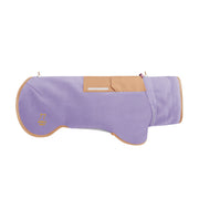 Light purple dog coat with tan trim and a small pocket on the back, displayed on a white background.
