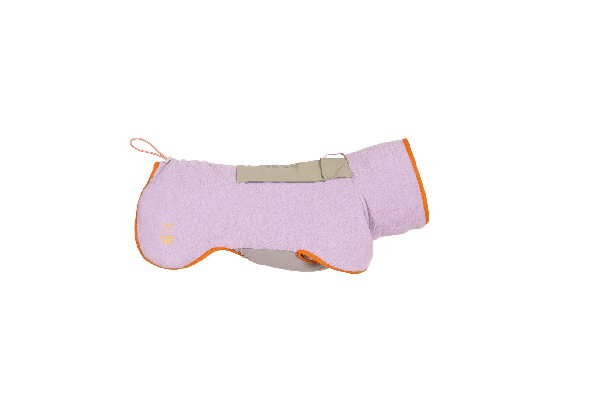 A light purple dog coat with orange trim, a beige underbelly section, and a neck covering. The coat has a small loop and a patch near the back and appears to be designed for warmth and comfort.
