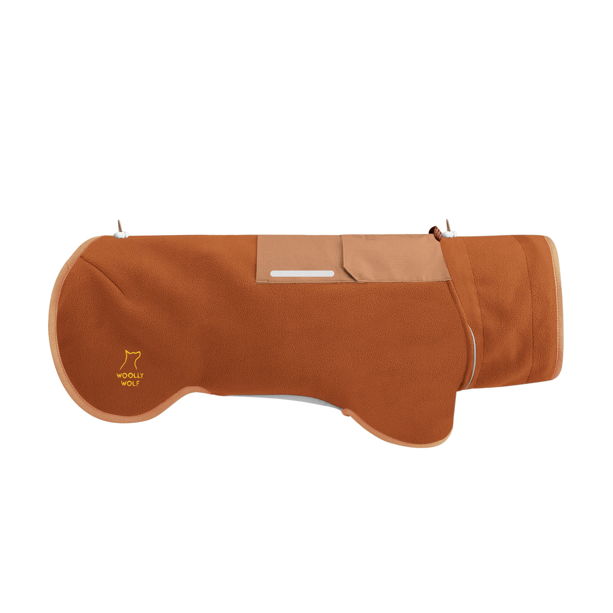 Orange and beige dog coat with pocket, reflective strip, and Woolly Wolf logo on the side.