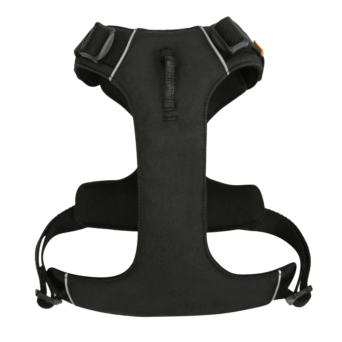 Black adjustable dog harness with a top handle and reflective trim.