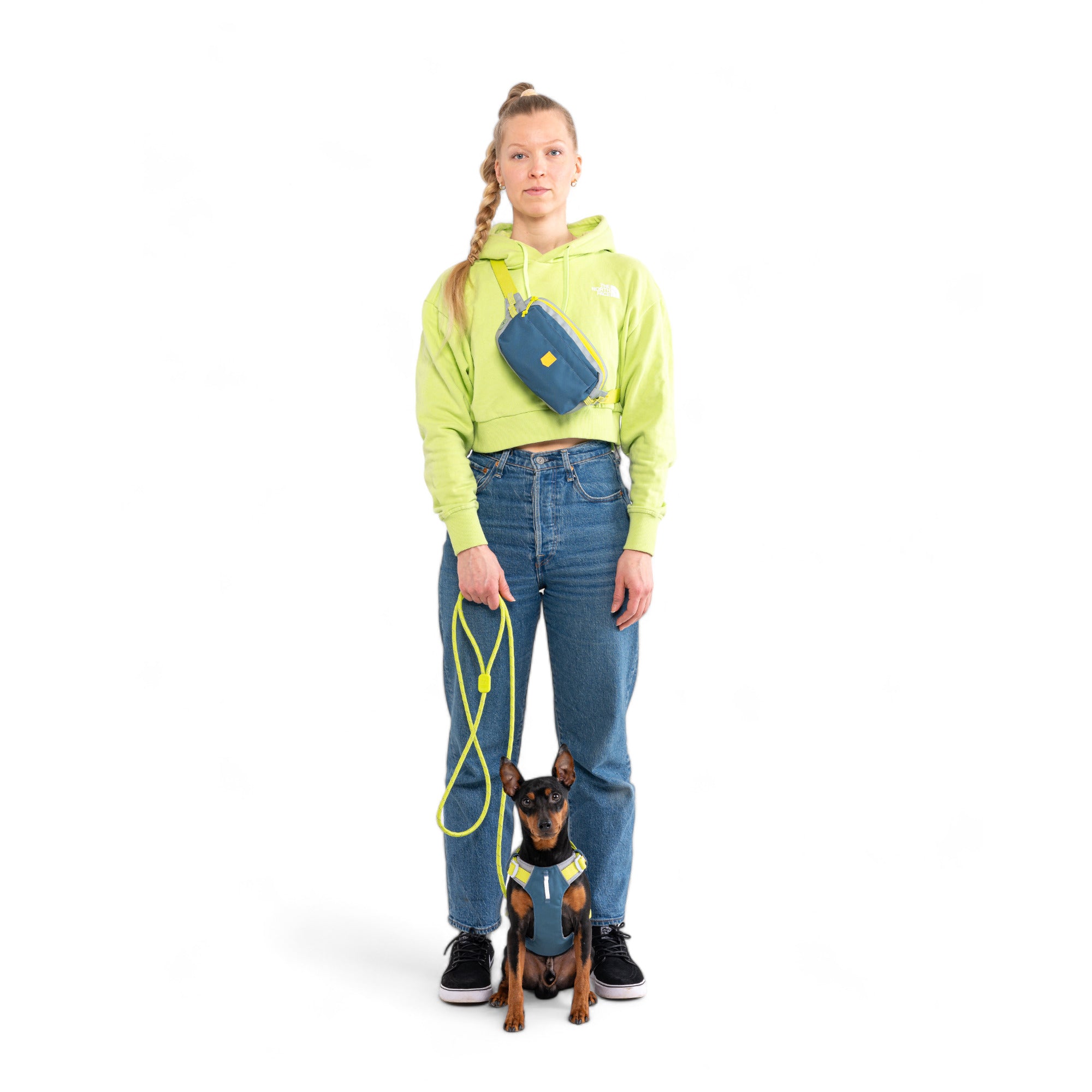 Woman holding a bright yellow leash next to a small dog wearing a blue harness.