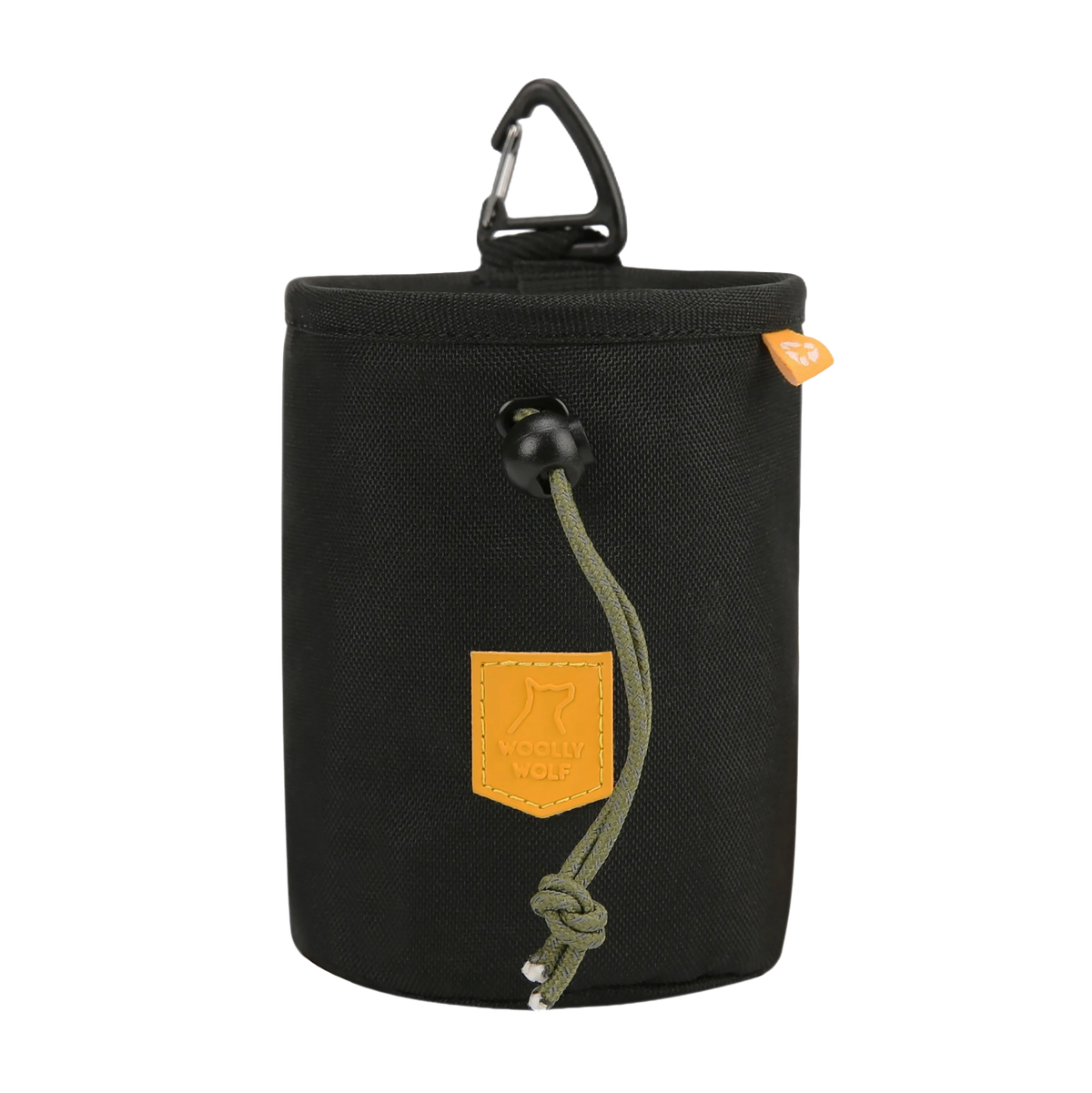 Black drawstring treat pouch with a Woolly Wolf patch and a carabiner clip.