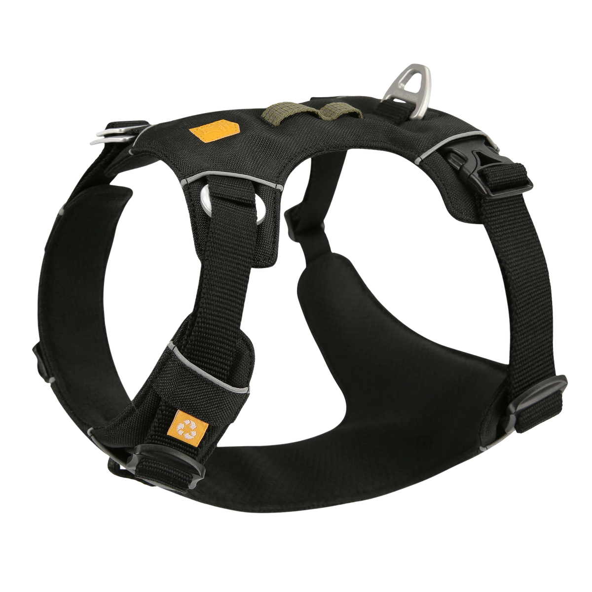 Black adjustable dog harness with metallic hardware and yellow logo patches.