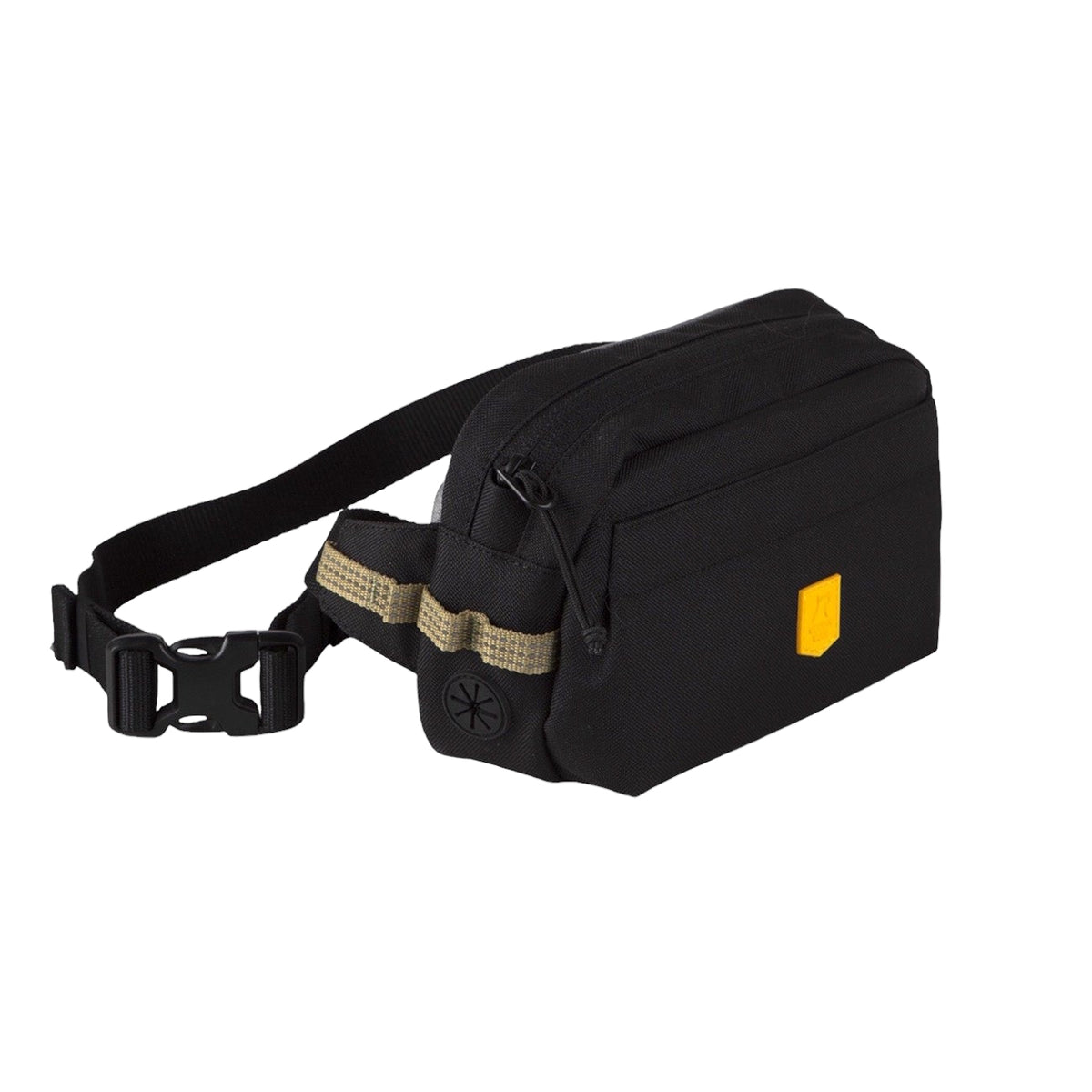 Black waist bag with a yellow patch, zipper pockets, and an adjustable strap with a plastic buckle.