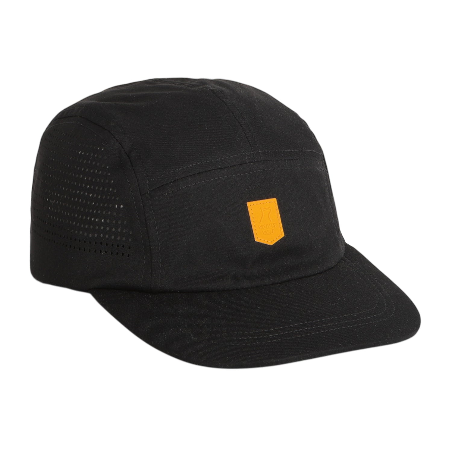 The Alpha 360 Tech Cap is a black five-panel hat with a curved brim, perforated side panels, a small yellow rectangular front patch, recycled PET material, and an adjustable back strap for the perfect fit.