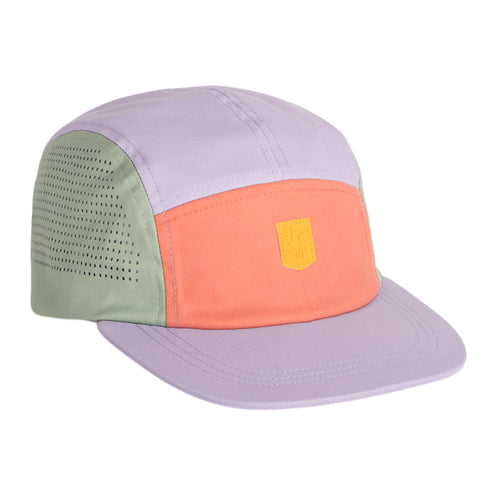 The Alpha 360 Tech Cap features a pastel five-panel design with a lavender brim and top, sage green perforated side panels, an orange front with a yellow patch, all crafted from recycled PET and finished with an adjustable back strap for a perfect fit.