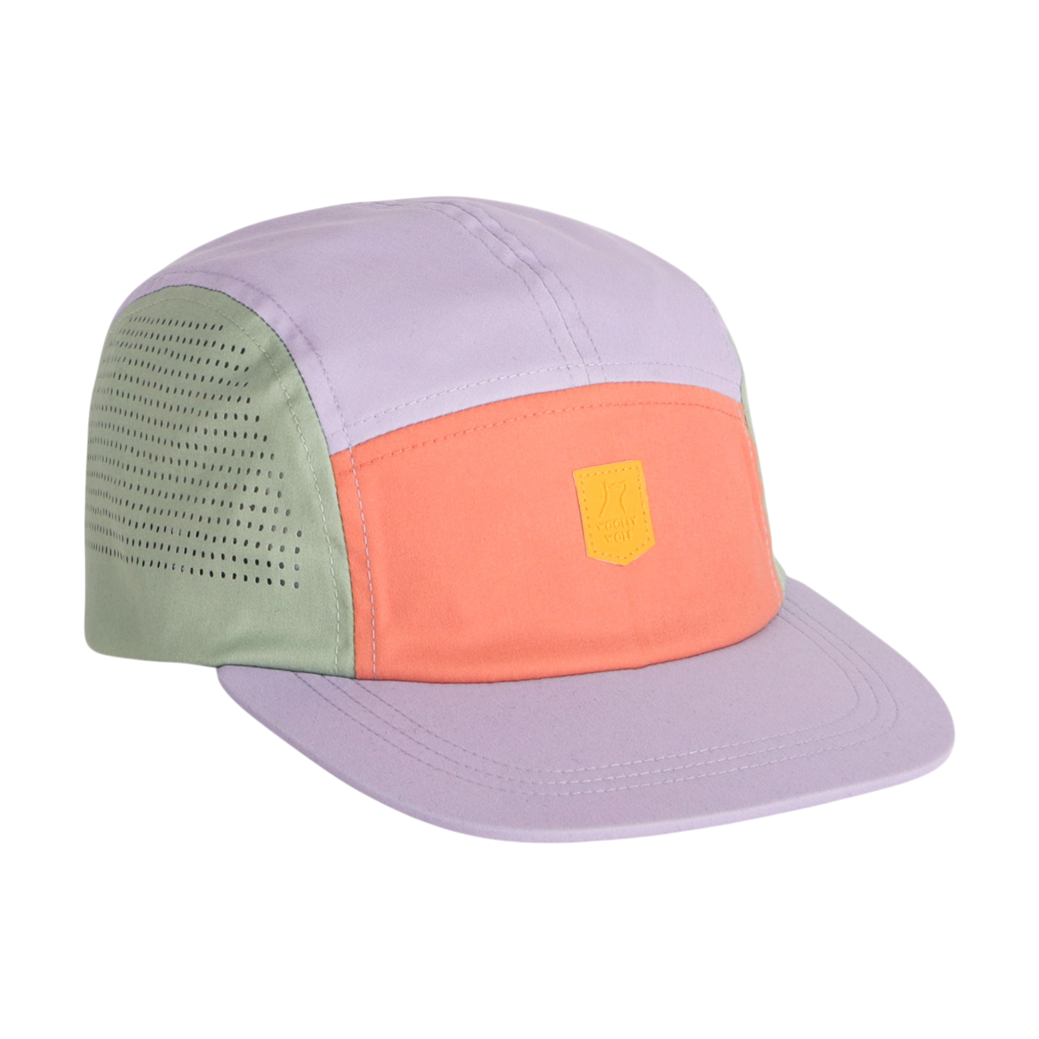 A pastel-colored five-panel cap with green, orange, and lavender sections and a small front patch.