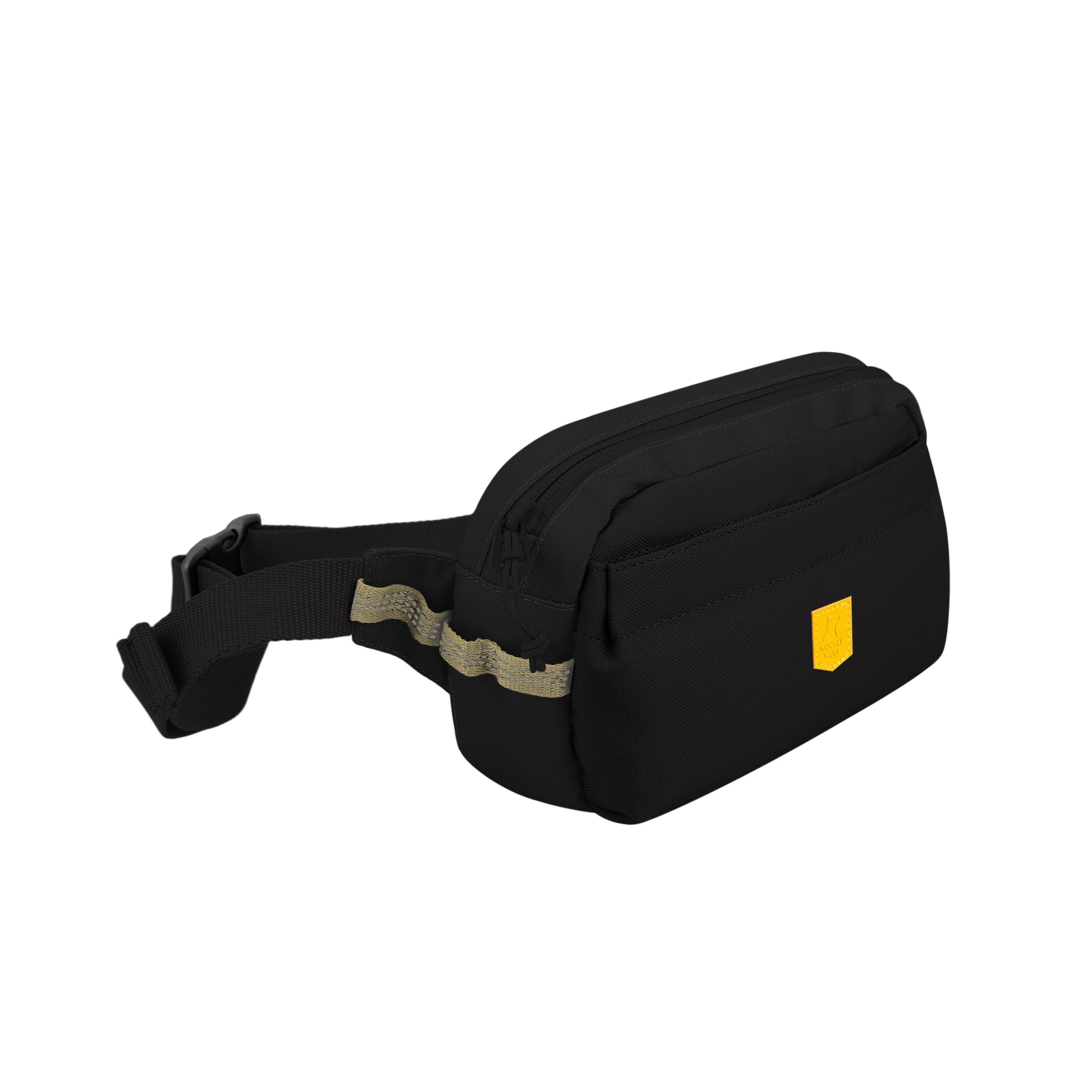 Black waist bag with a yellow patch, a front pocket, and an adjustable strap with a beige wavy design.