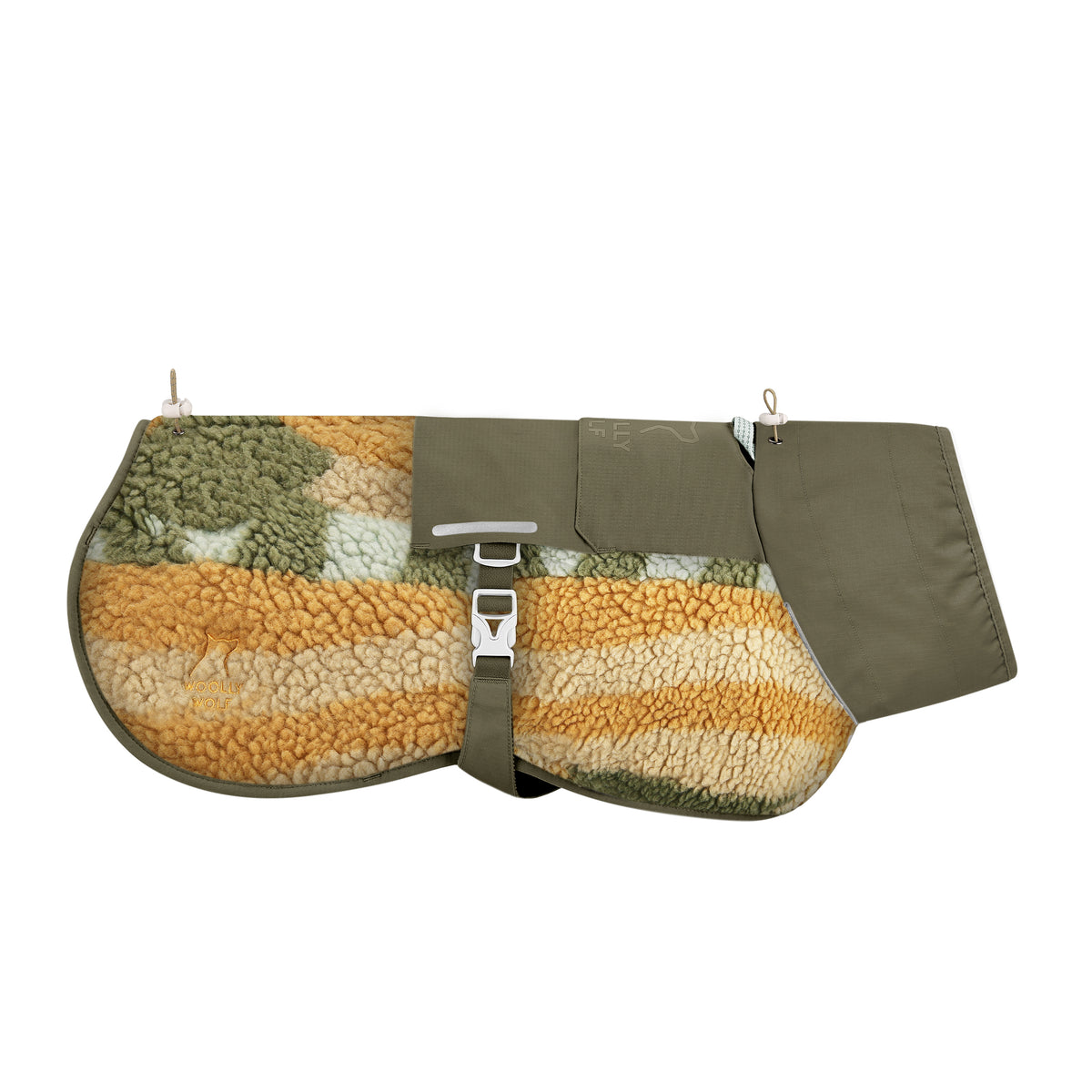 Olive green and yellow fleece dog coat with buckle and strap, displayed flat on a white background.