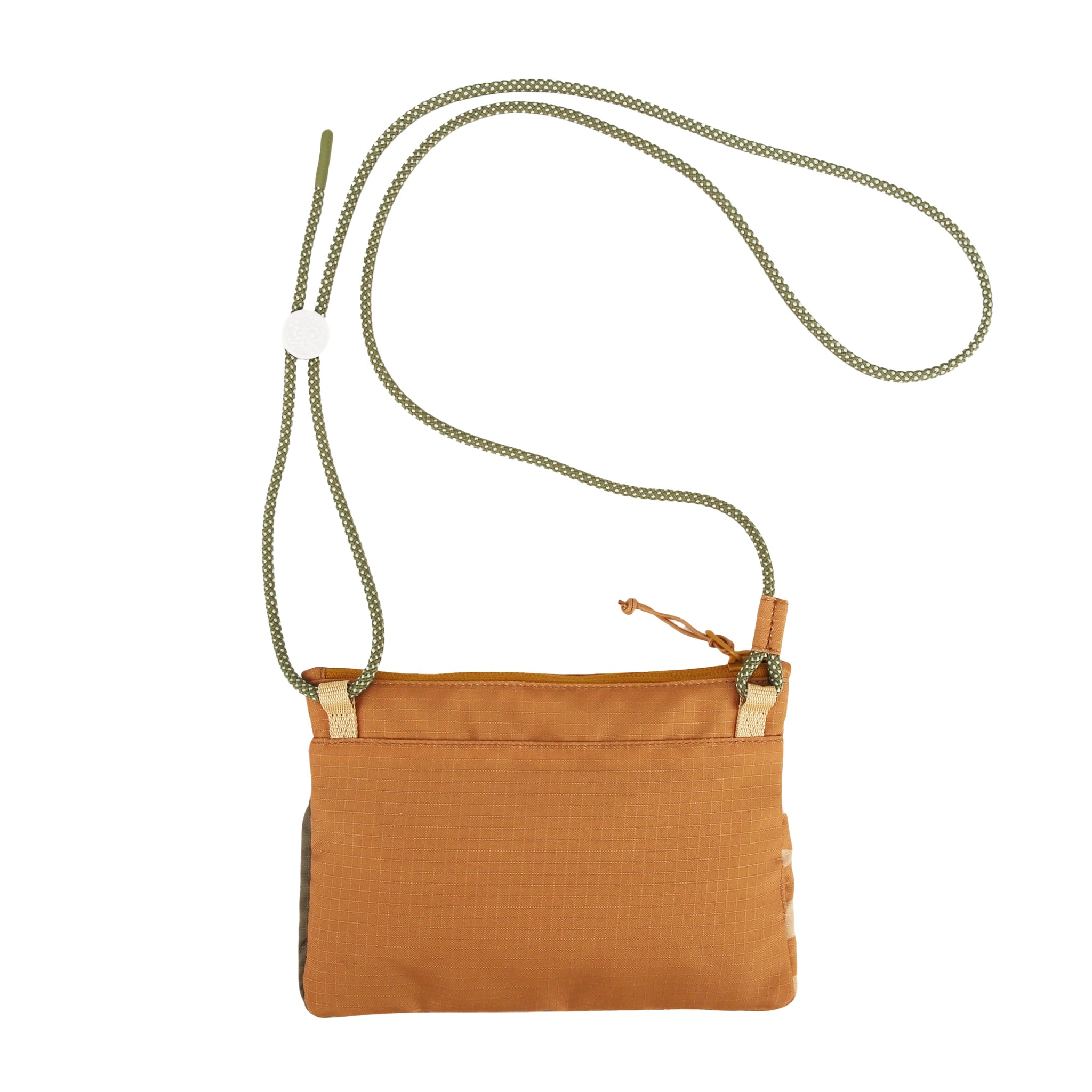 Small orange crossbody bag with a green and white rope strap, displayed on a white background.