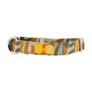 Camouflage-patterned dog collar with yellow and white logo patches and a metal D-ring on one end.
