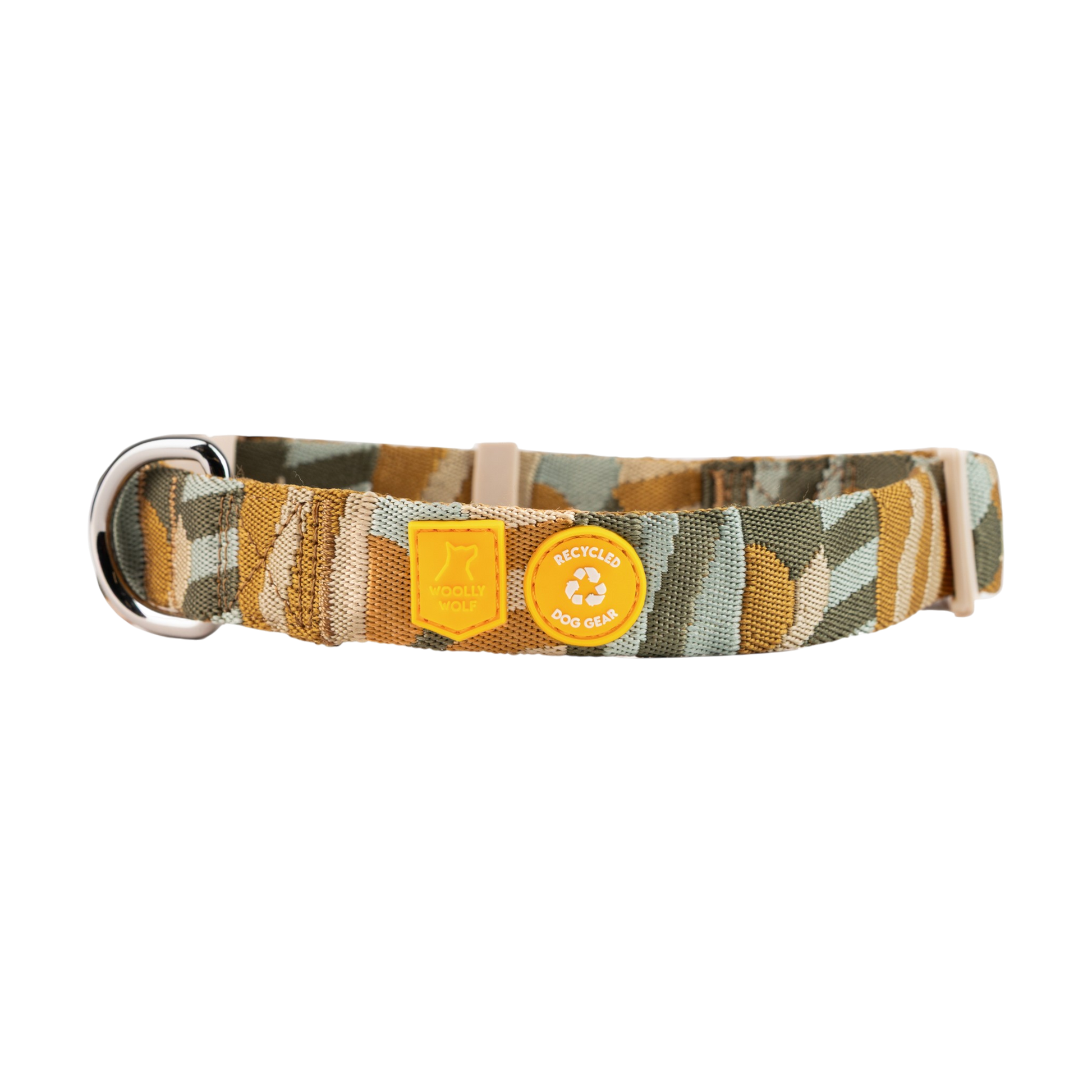 Camouflage-patterned dog collar with yellow and white logo patches and a metal D-ring on one end.