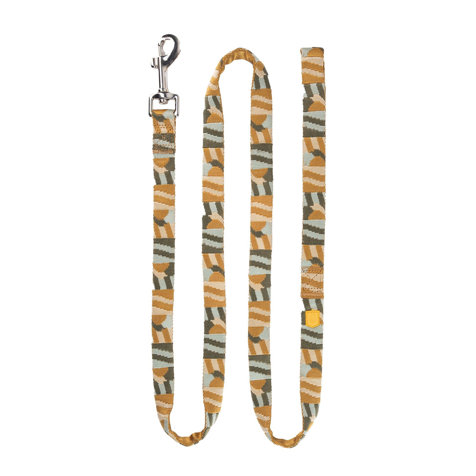 Patterned dog leash with a yellow, white, and green abstract design and a silver metal clasp.