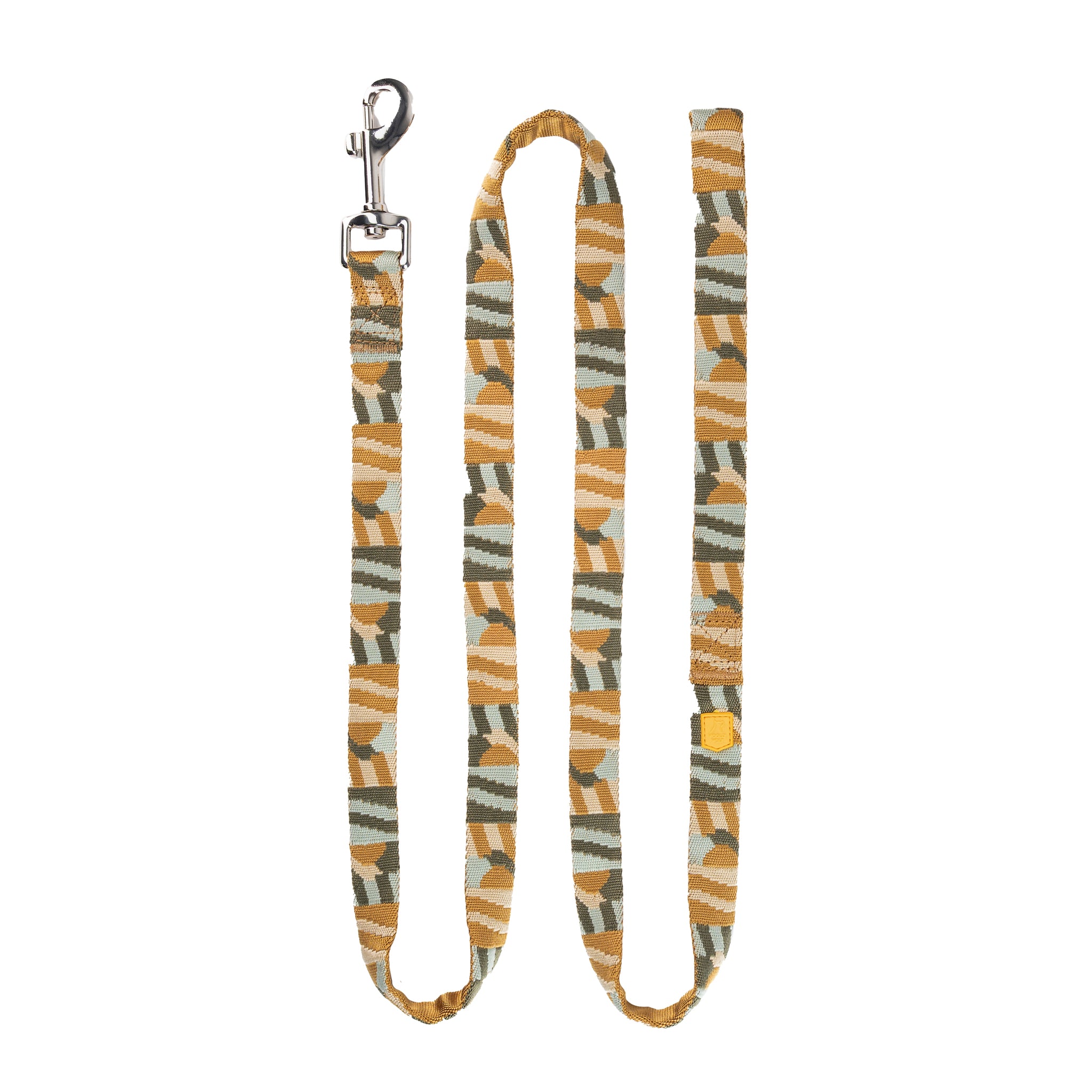 Patterned dog leash with a yellow, white, and green abstract design and a silver metal clasp.