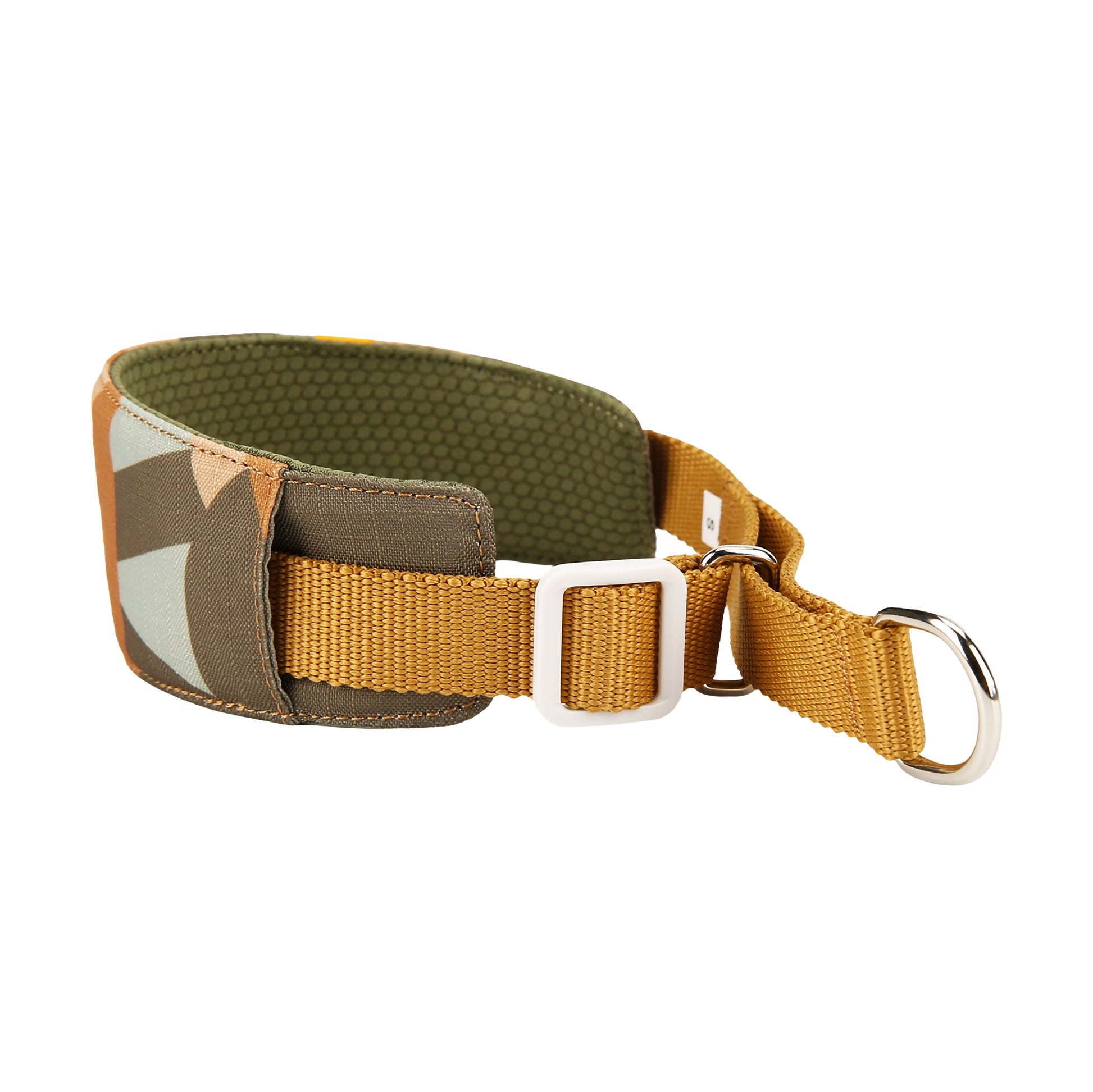 Wide, adjustable dog collar with yellow strap, metal buckle, and green and brown camouflage pattern.