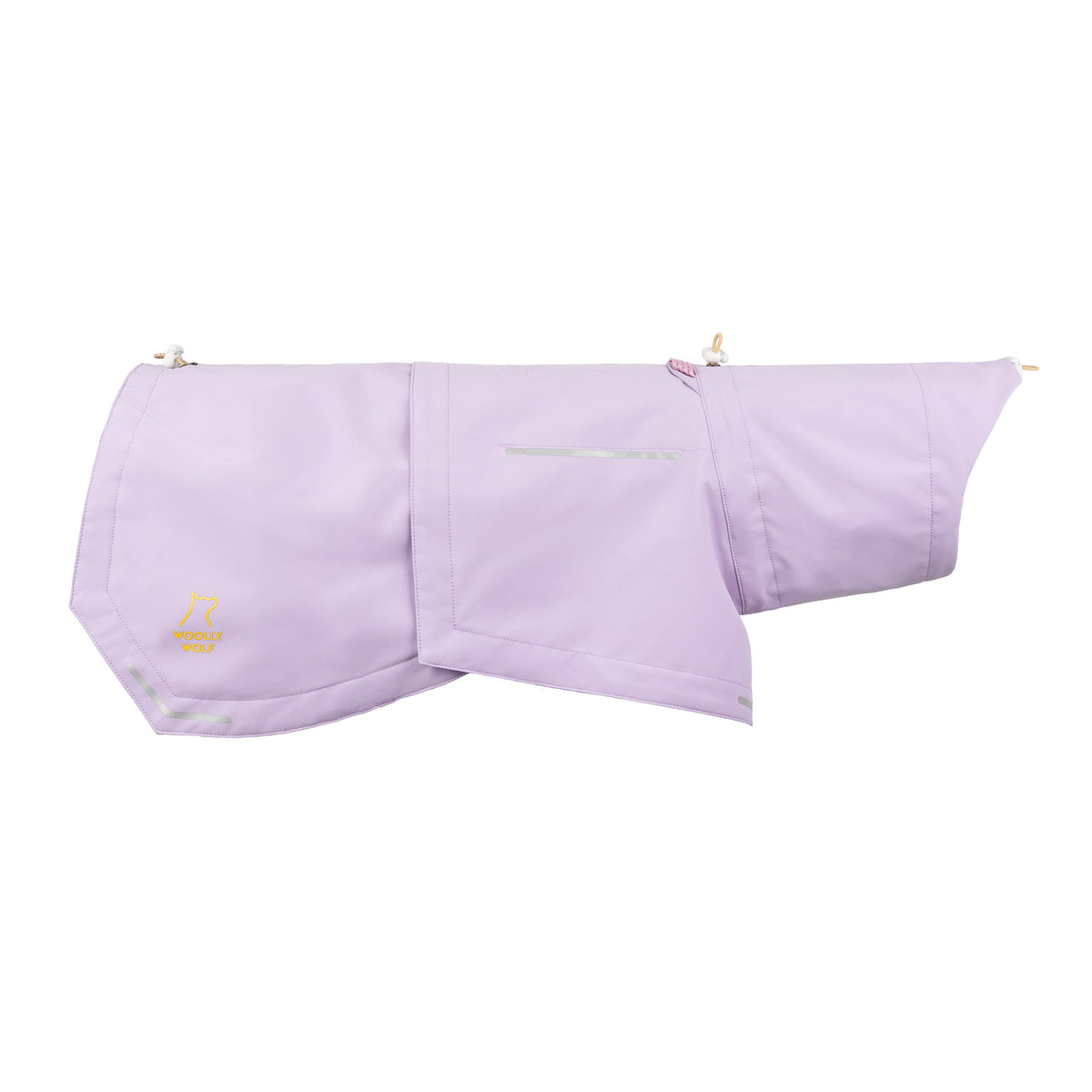 Light purple dog raincoat with a small yellow dog logo on the side, displayed on a white background.