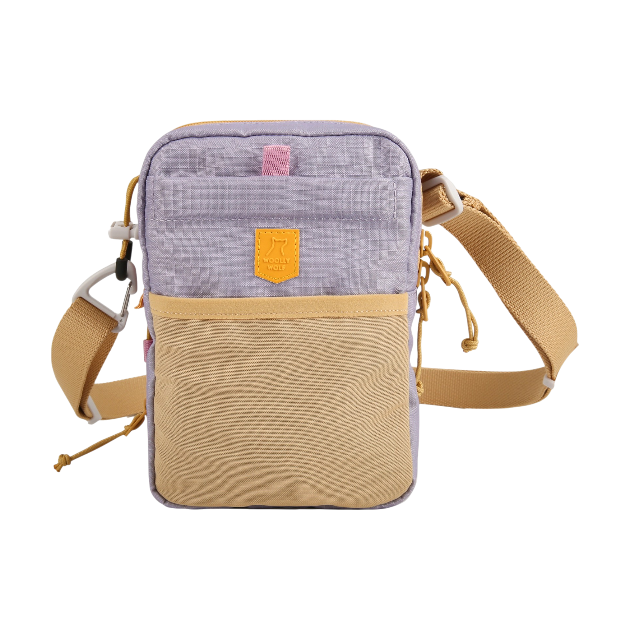 Small crossbody bag with a beige front pocket, lilac body, and adjustable tan strap, on a white background.