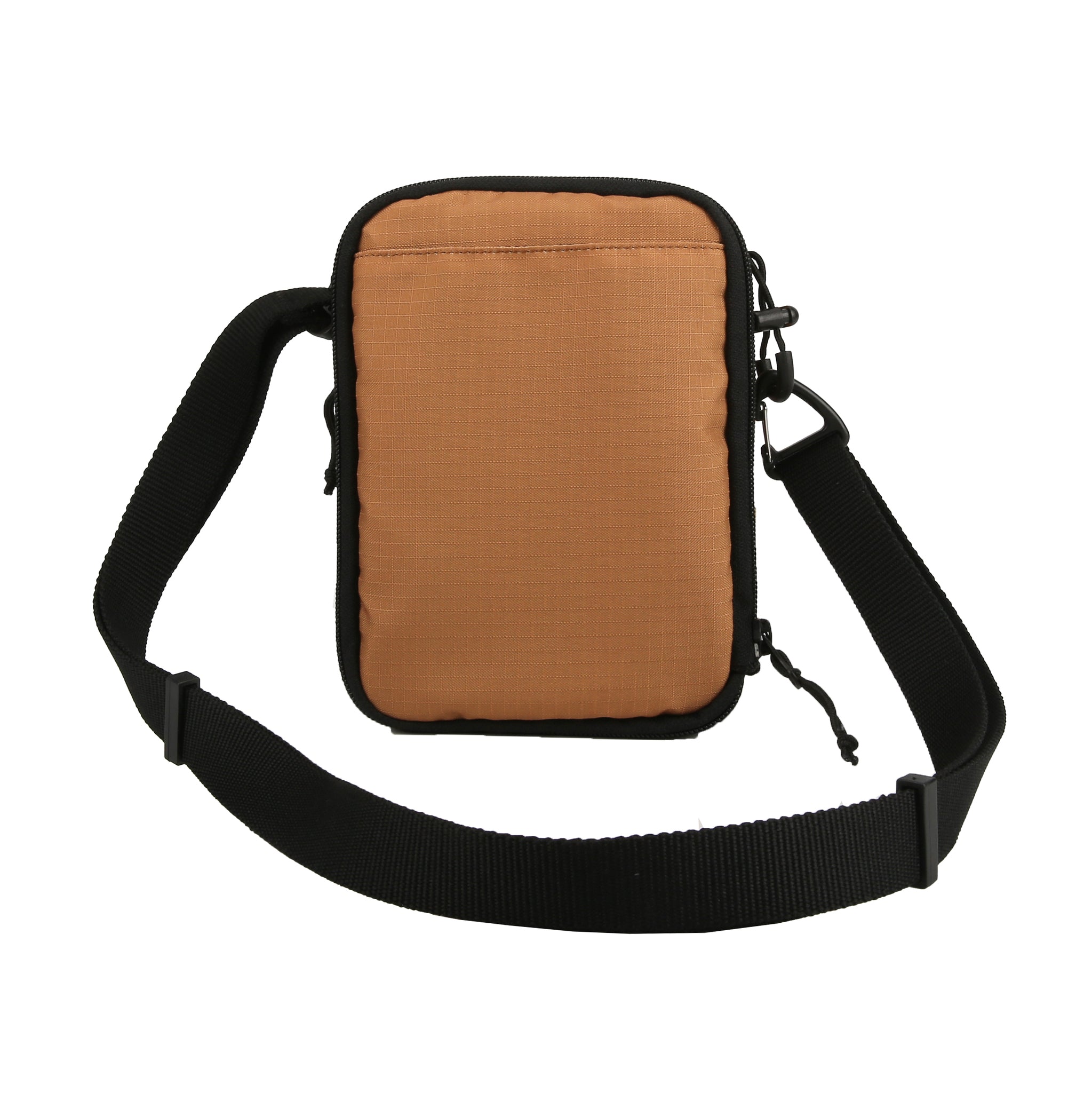 Small brown crossbody bag with a black adjustable strap, displayed against a white background.