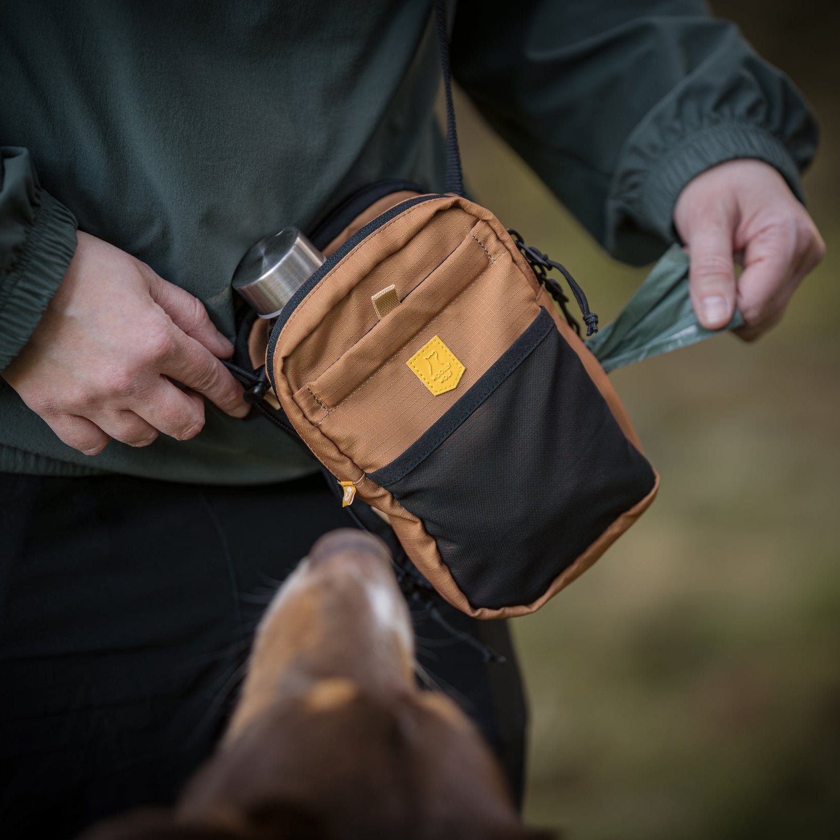 Person holding a small brown and black pouch with a water bottle, a dog looking up at them outdoors.