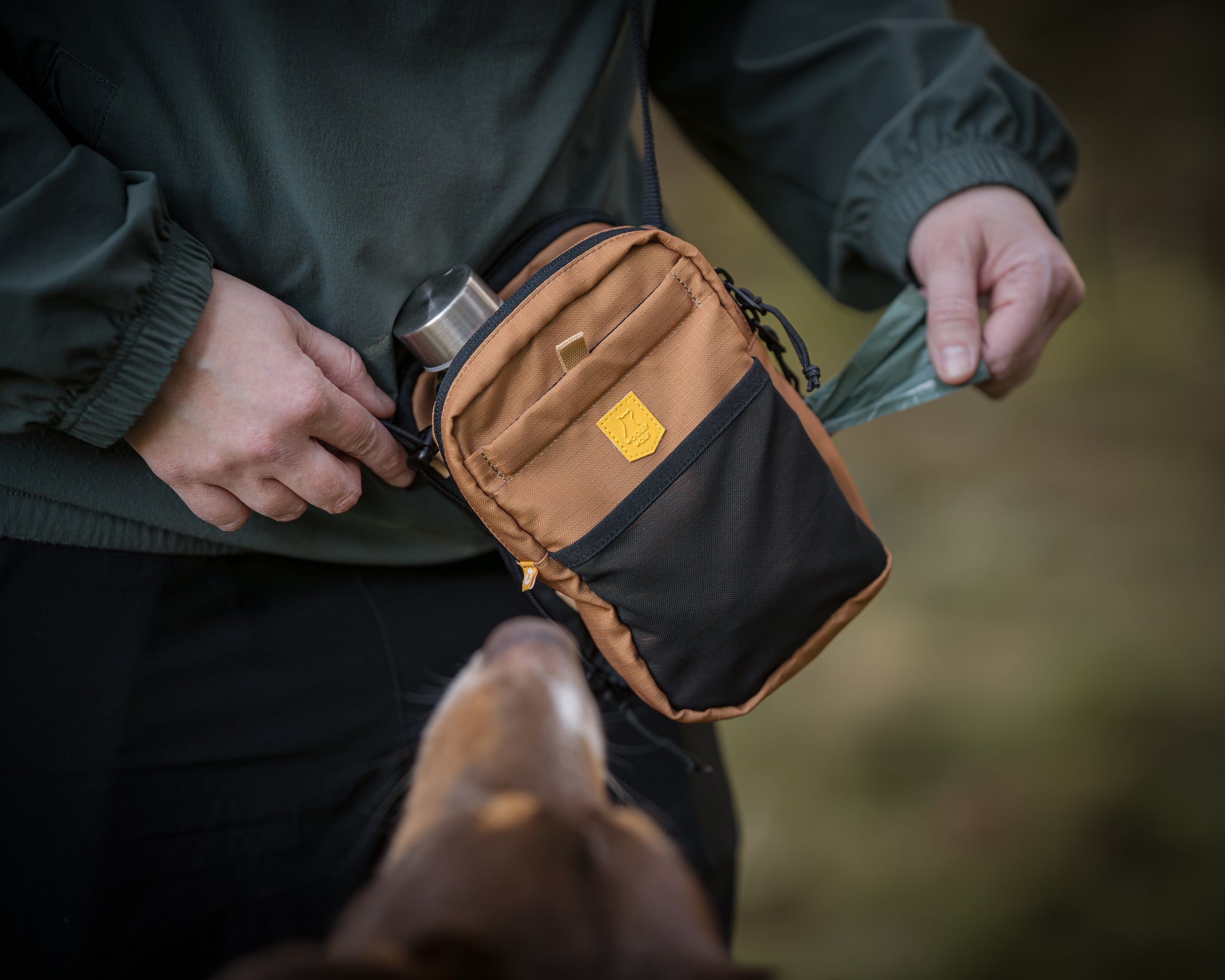 Person holding a small brown and black pouch with a water bottle, a dog looking up at them outdoors.