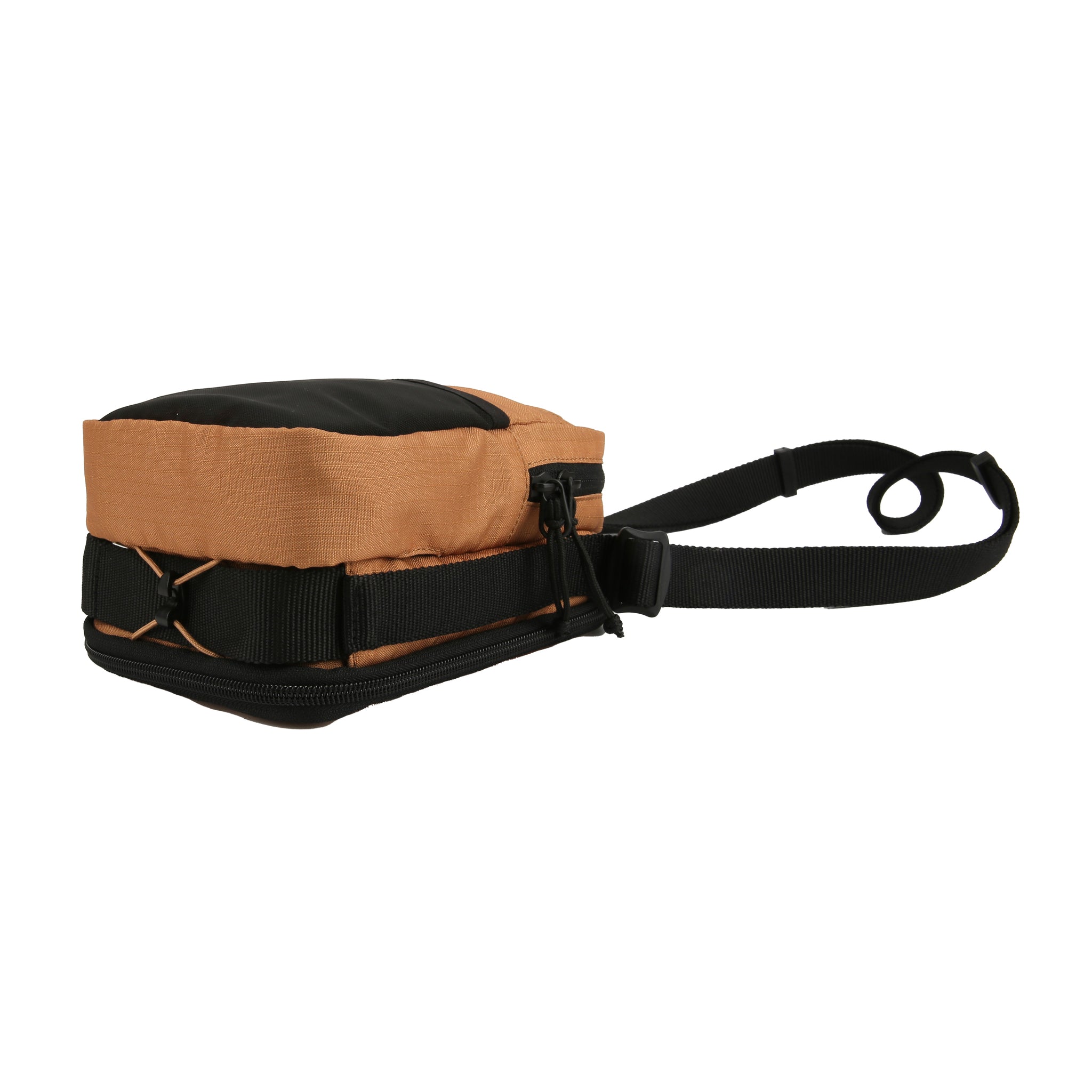 Tan and black sling bag with adjustable strap and zipper, shown from a side angle on a white background.